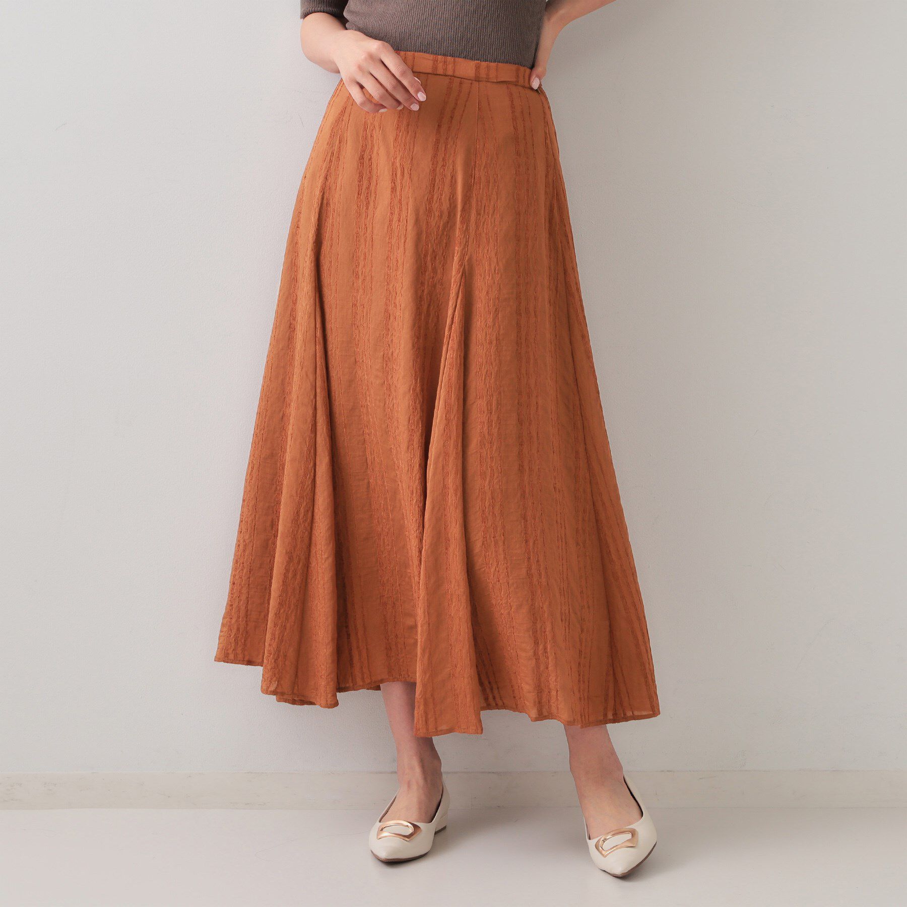 OPAQUE.CLIP「ランダムストライプフレアスカート」|スカート|モカブラウン(042