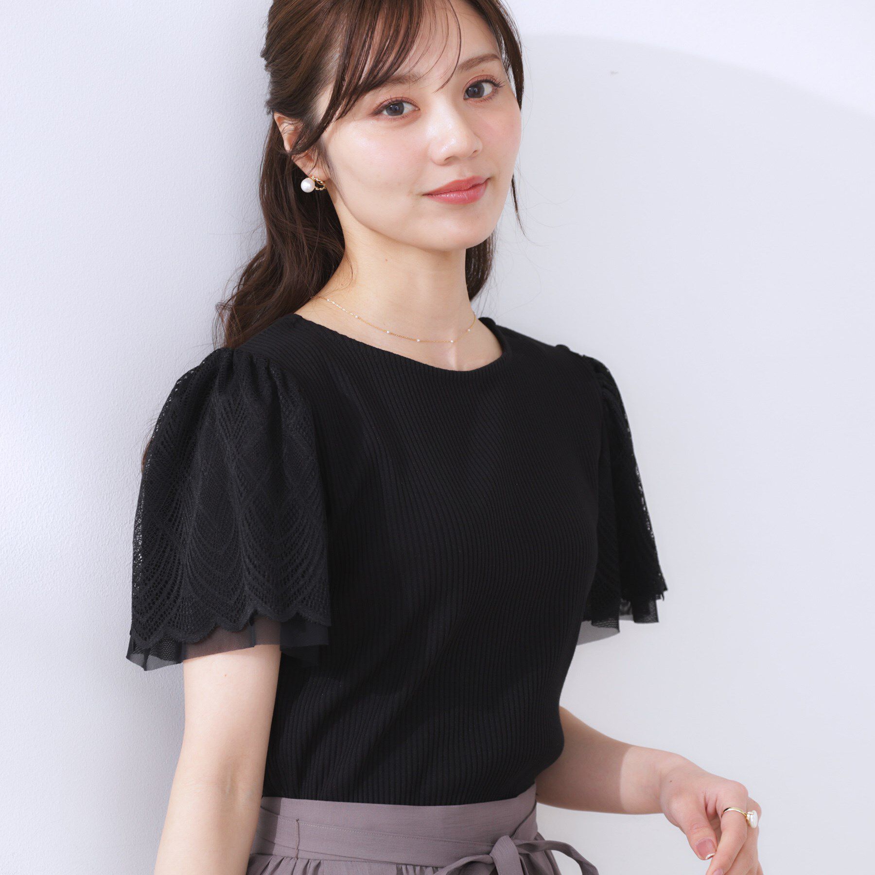 Couture broach「【二の腕カバー・通勤】レース袖テレコトップス」|Tシャツ・カットソー|