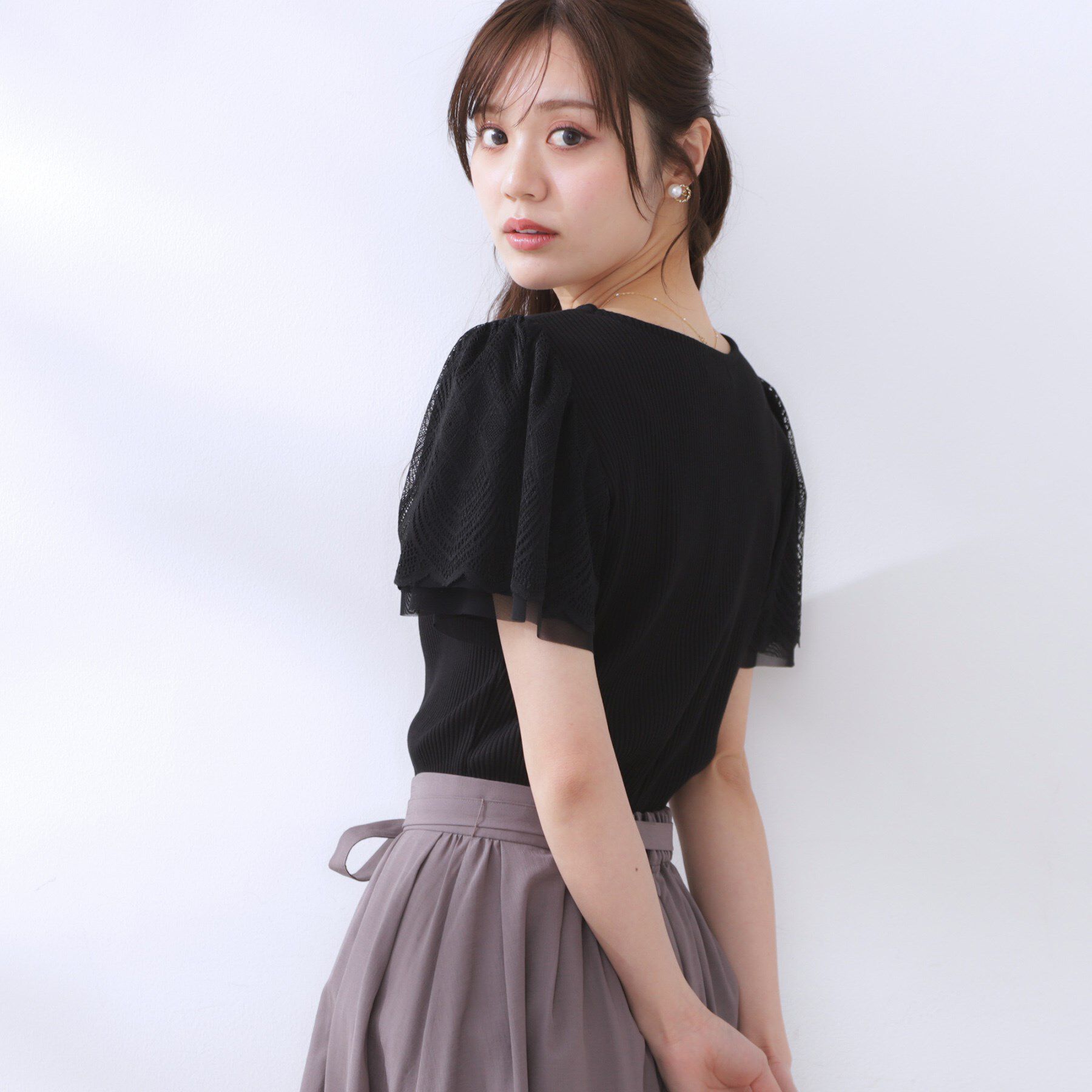 Couture broach「【二の腕カバー・通勤】レース袖テレコトップス」|Tシャツ・カットソー|