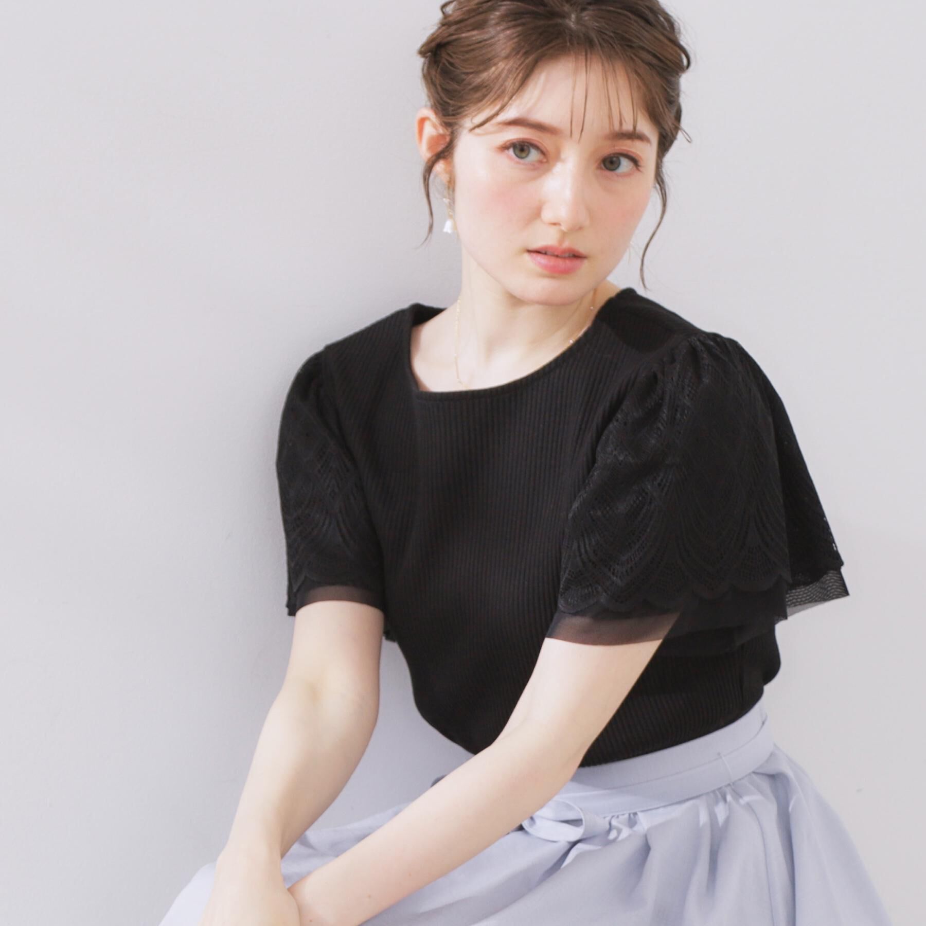 Couture broach「【二の腕カバー・通勤】レース袖テレコトップス」|Tシャツ・カットソー|