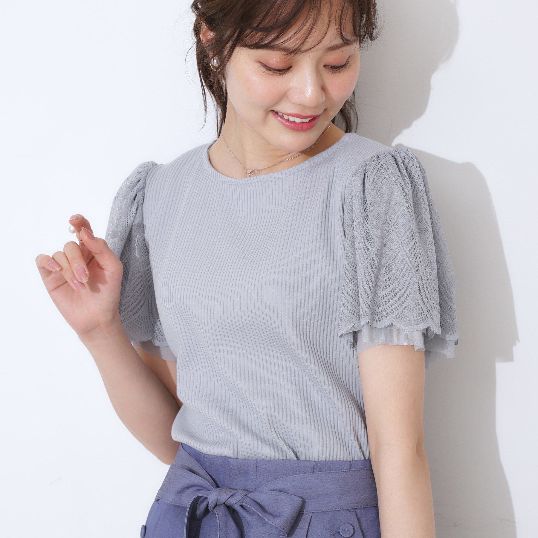 Couture broach「【二の腕カバー・通勤】レース袖テレコトップス」|Tシャツ・カットソー|