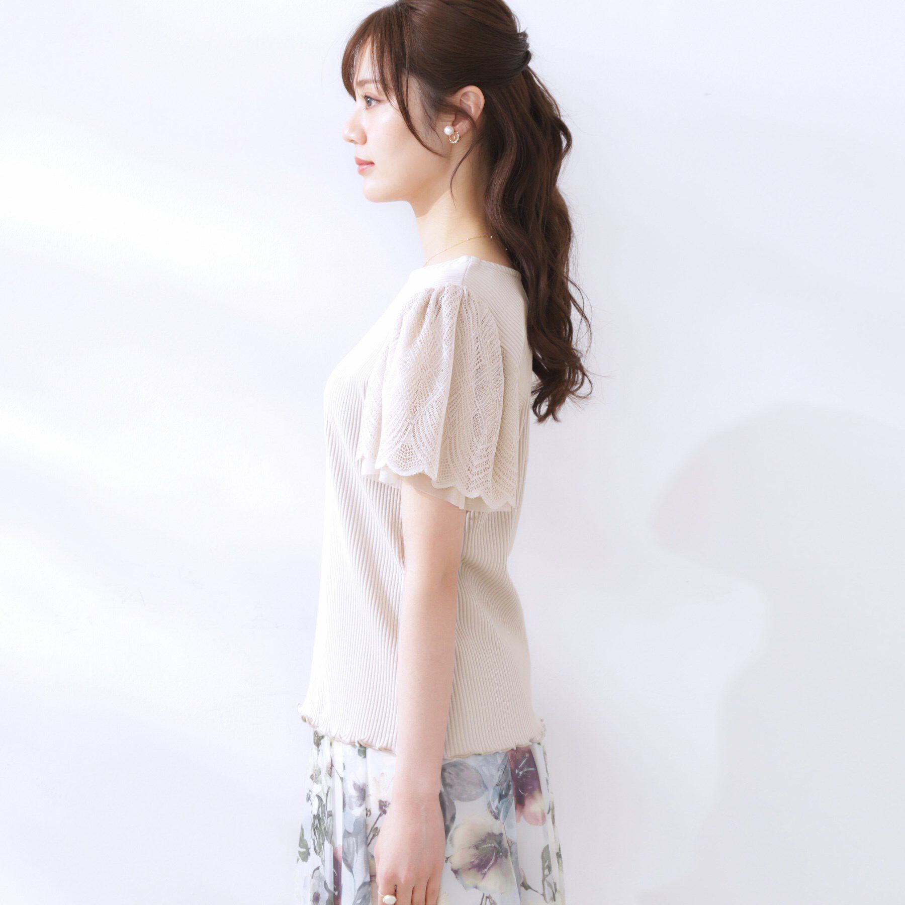 Couture broach「【二の腕カバー・通勤】レース袖テレコトップス」|Tシャツ・カットソー|