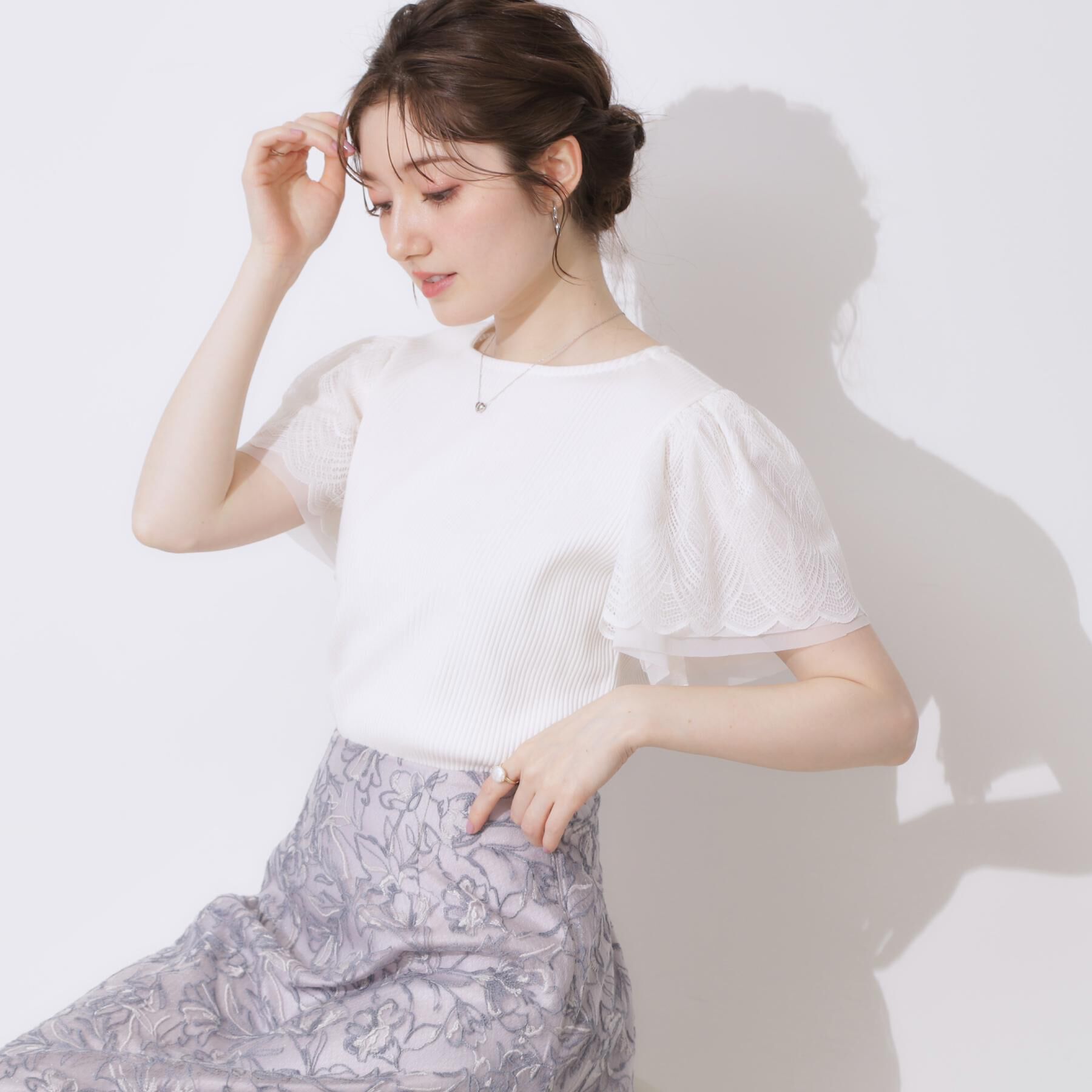 Couture broach「【二の腕カバー・通勤】レース袖テレコトップス」|Tシャツ・カットソー|