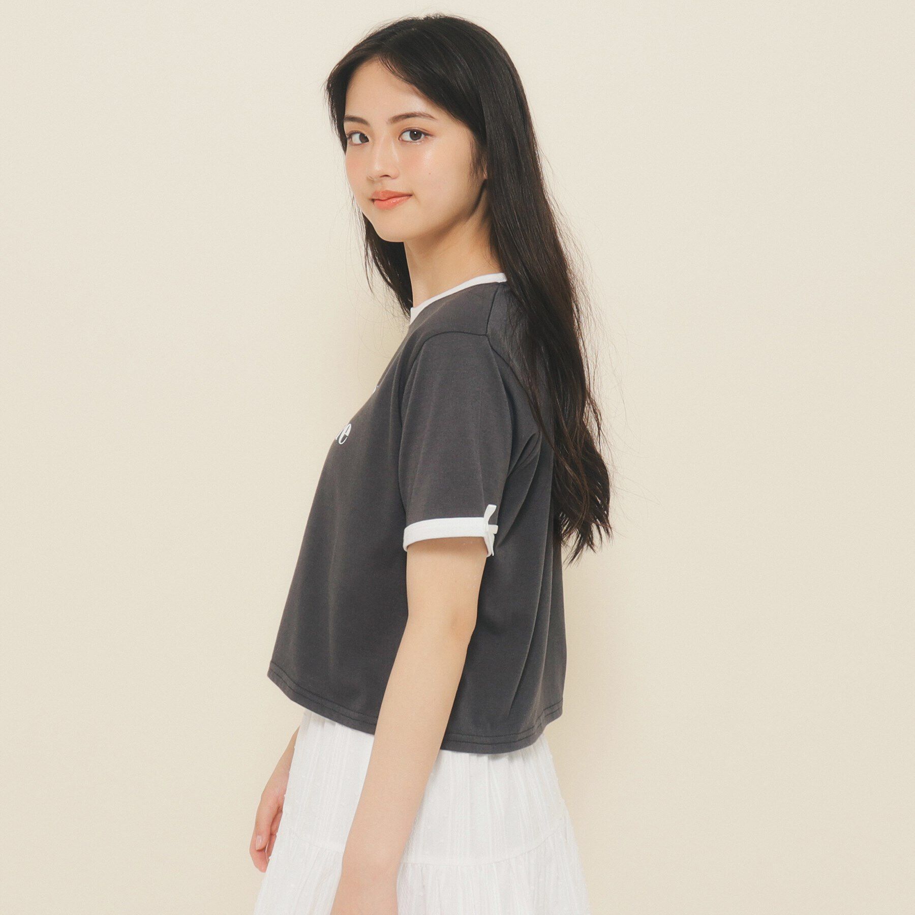 PINK-latte「【130cmあり】フロントロゴ袖リボンリンガーTシャツ」|Tシャツ・カットソー|