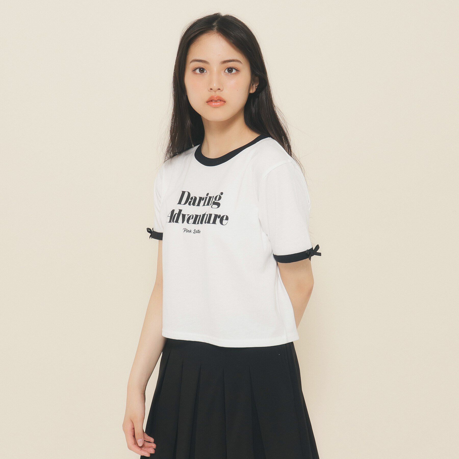 PINK-latte「【130cmあり】フロントロゴ袖リボンリンガーTシャツ」|Tシャツ・カットソー|