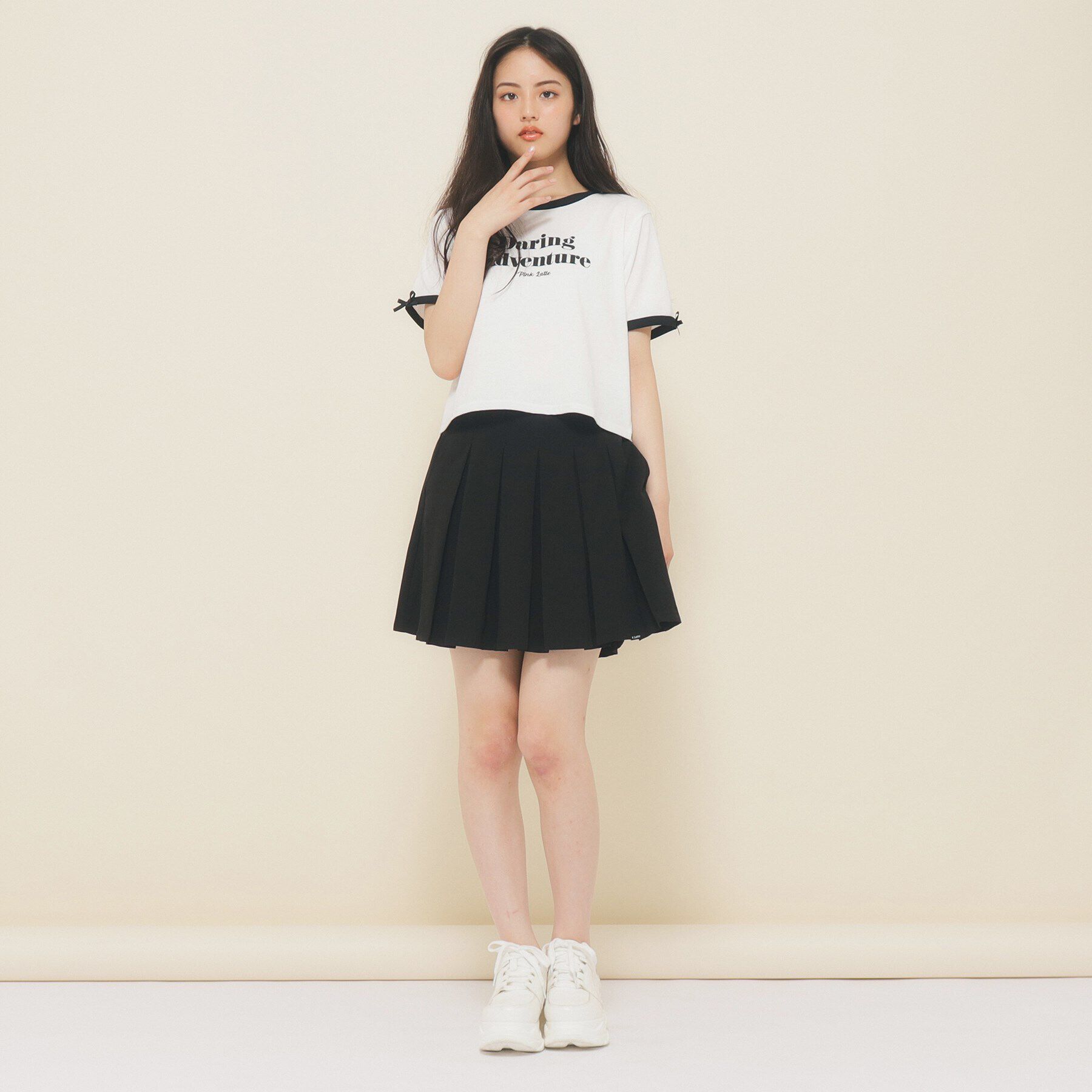 PINK-latte「【130cmあり】フロントロゴ袖リボンリンガーTシャツ」|Tシャツ・カットソー|