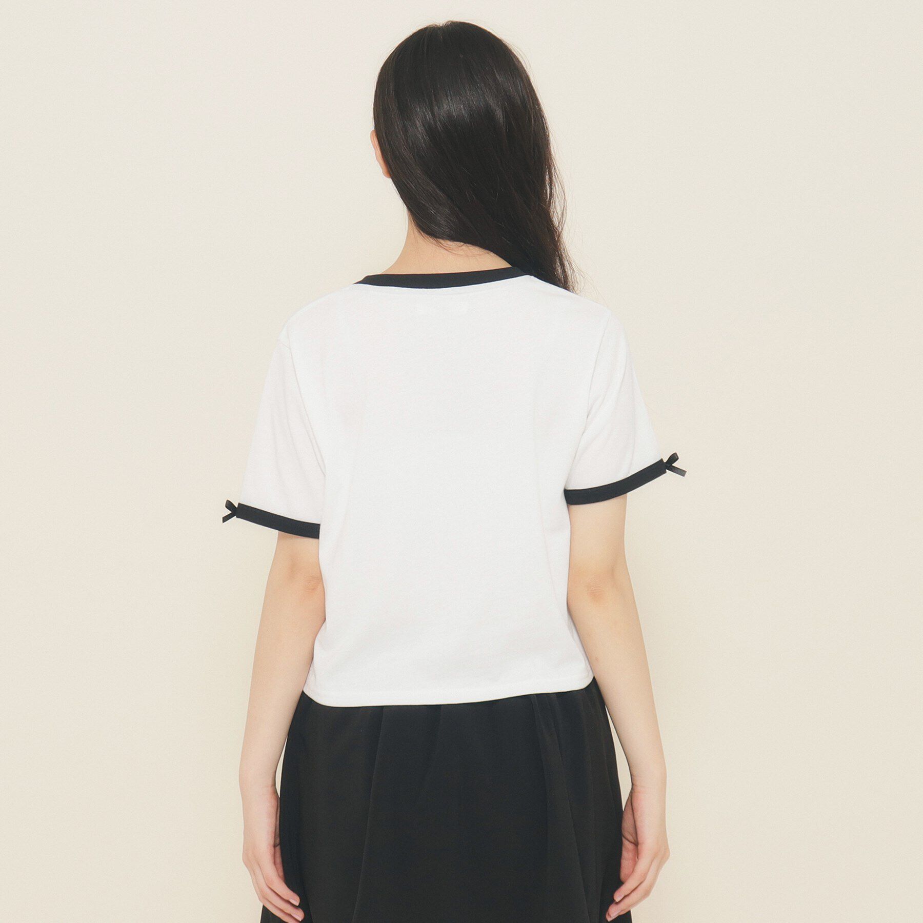 PINK-latte「【130cmあり】フロントロゴ袖リボンリンガーTシャツ」|Tシャツ・カットソー|