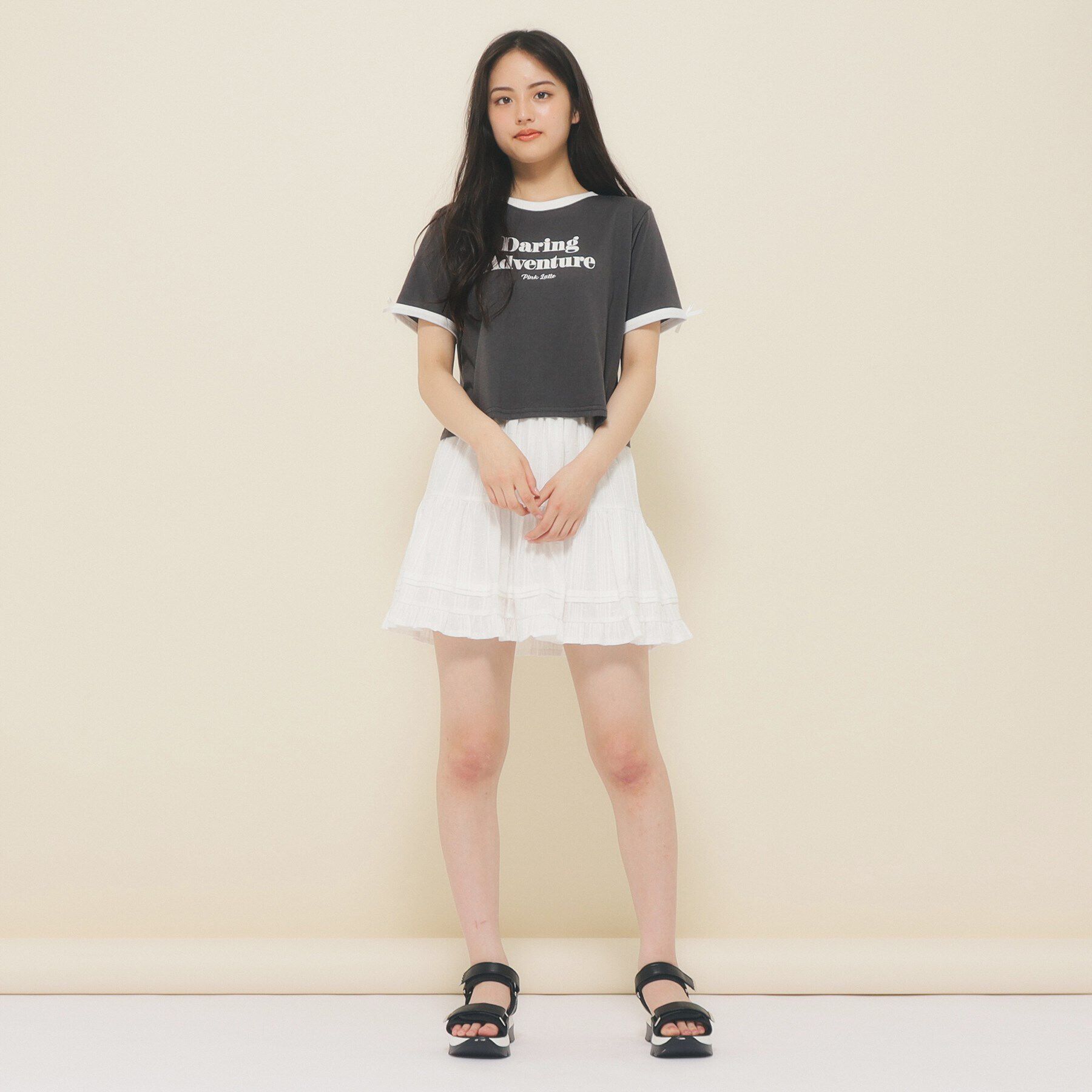 PINK-latte「【130cmあり】フロントロゴ袖リボンリンガーTシャツ」|Tシャツ・カットソー|