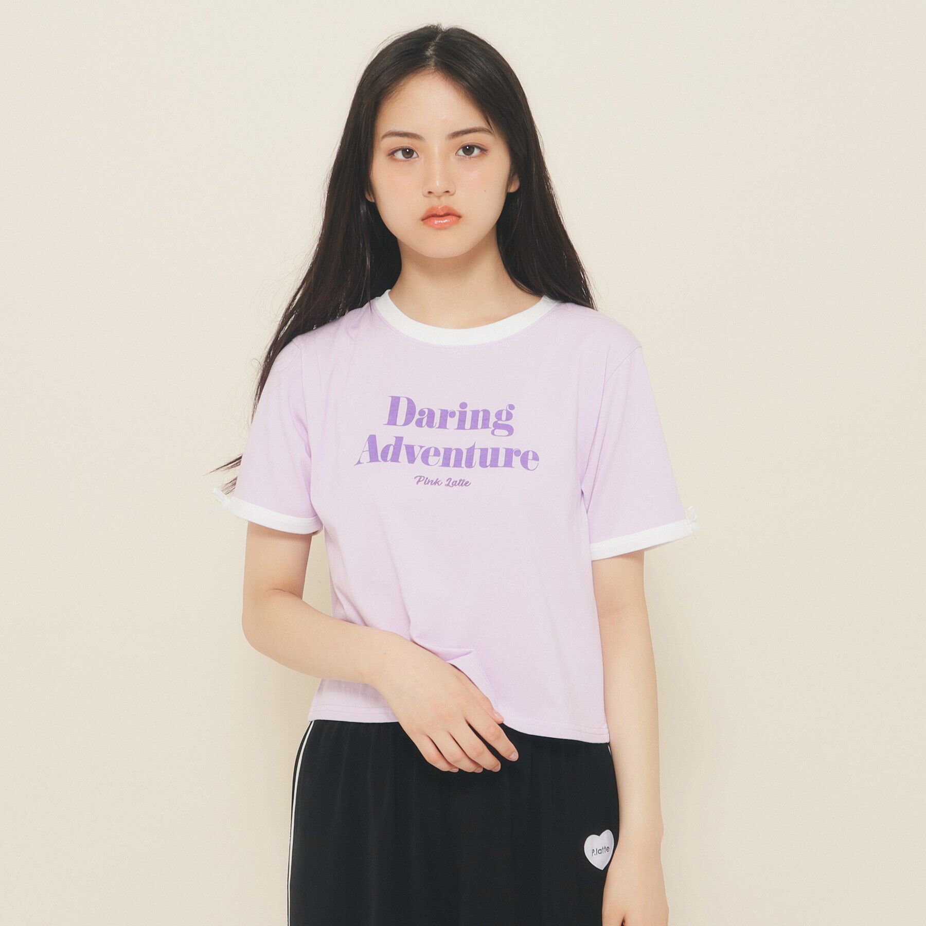 PINK-latte「【130cmあり】フロントロゴ袖リボンリンガーTシャツ」|Tシャツ・カットソー|