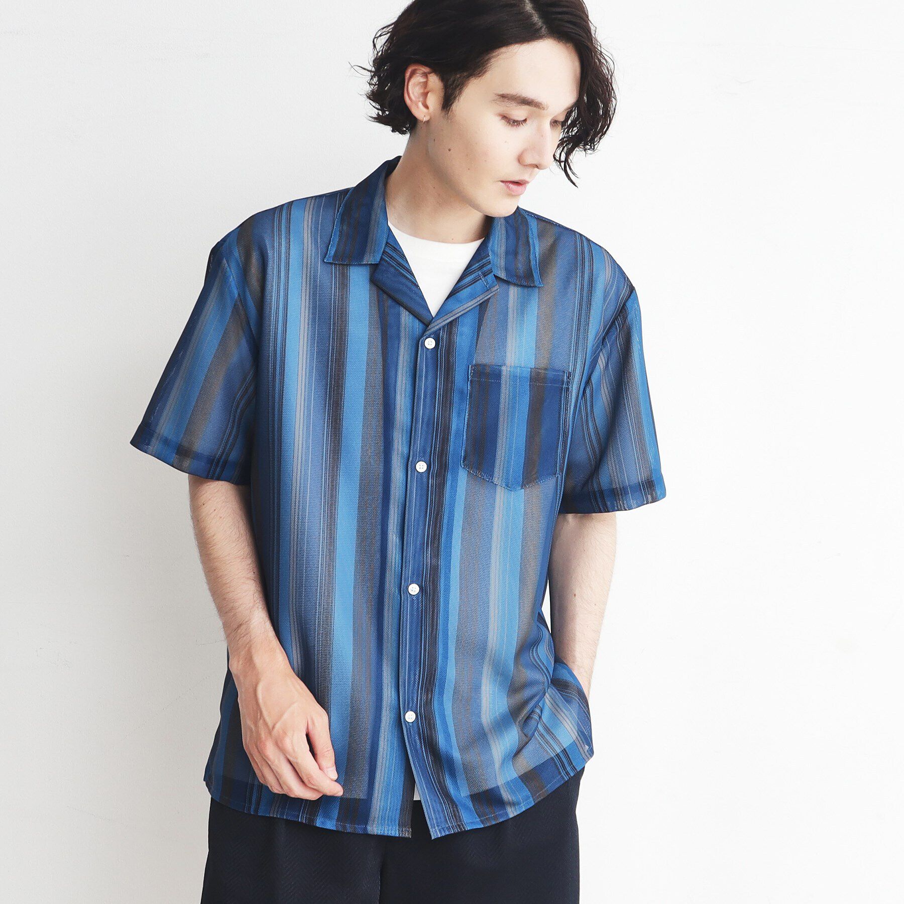 THE SHOP TK「【通気性◎/軽量】カラミシアーシャツ ストライプ／プレーン」|シャツ・ブラウス|ブルー(393)