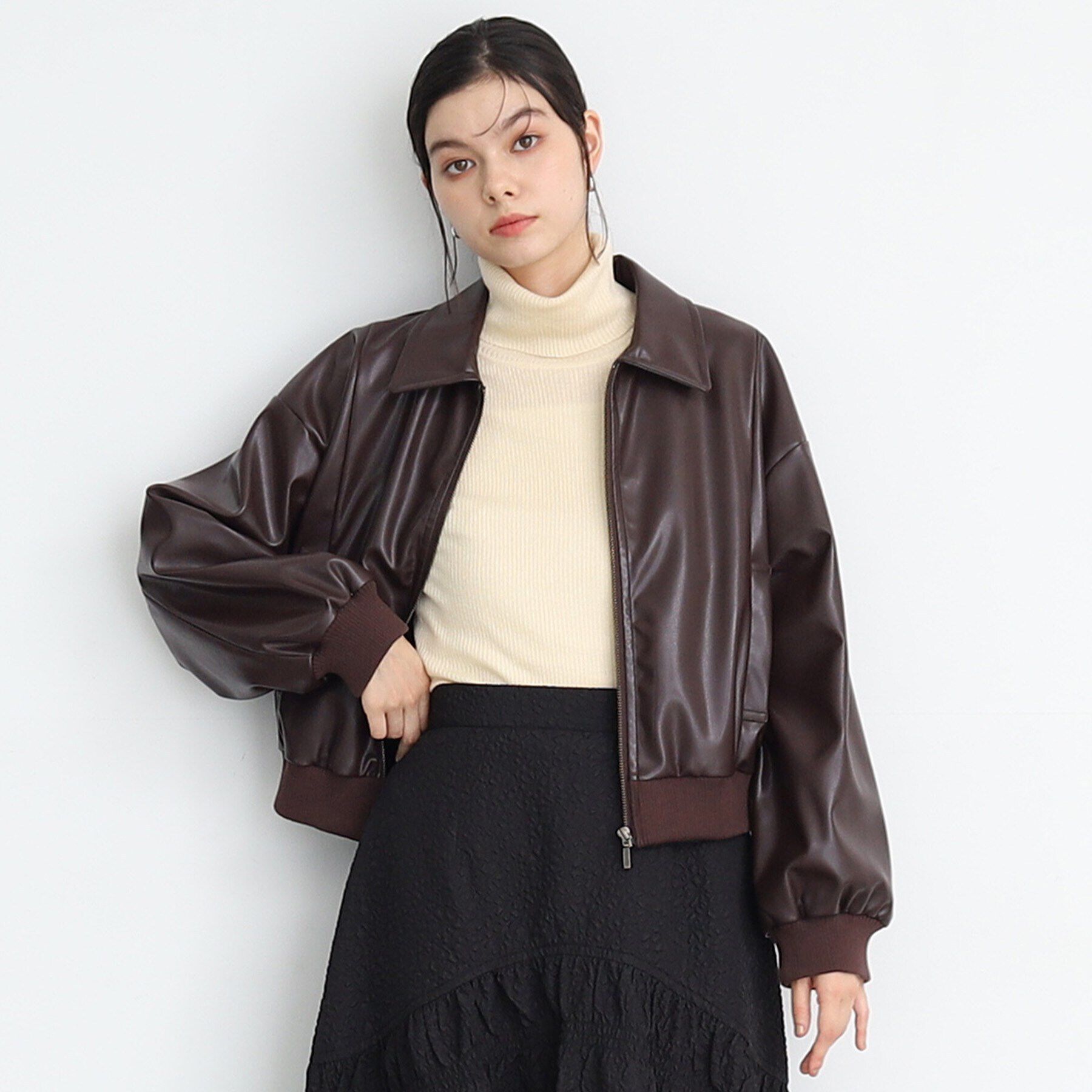 THE SHOP TK「【ヒルナンデス！で紹介】合皮リブブルゾン /環境に優しい」|ブルゾン・スタジャン|ブラウン(044)