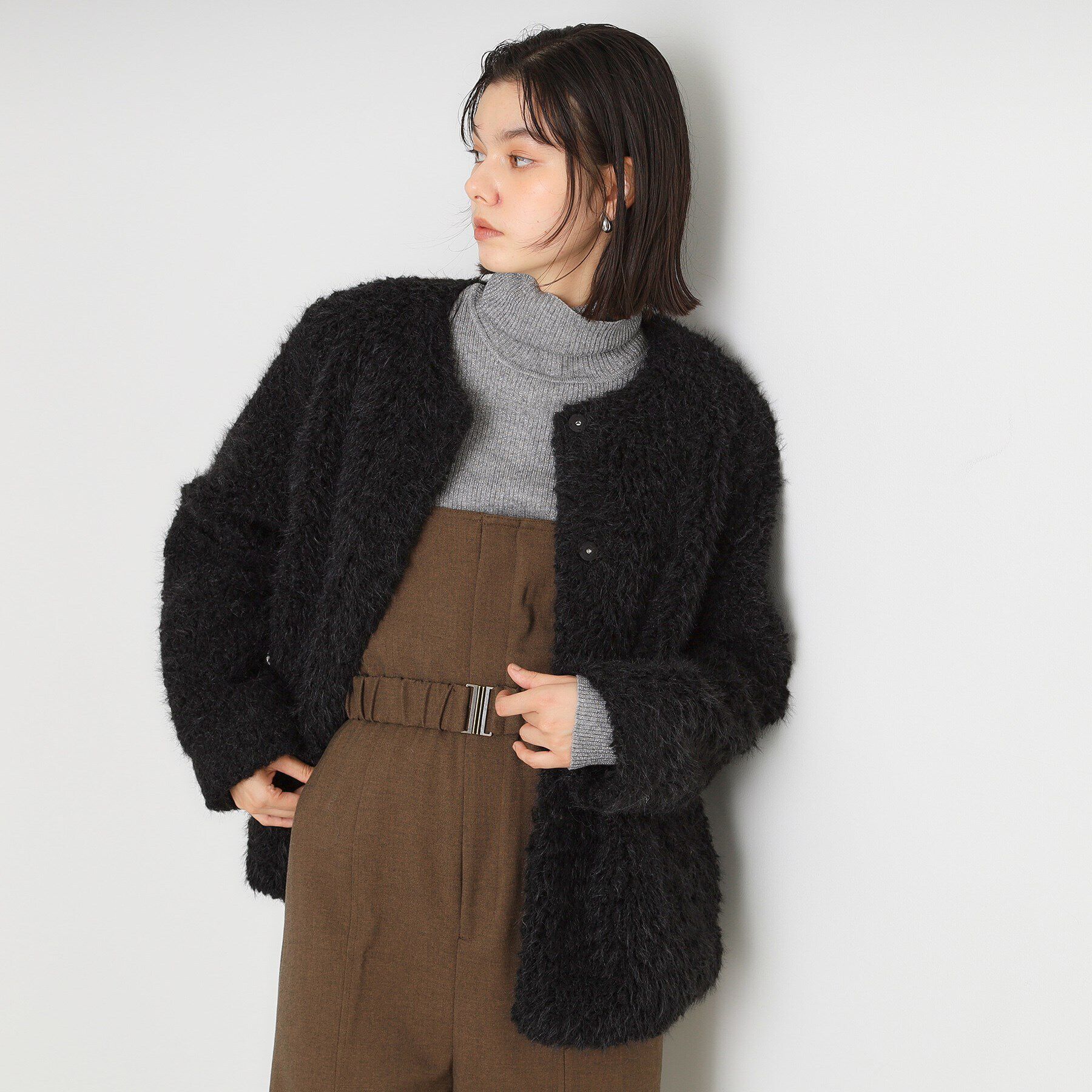 THE SHOP TK「ボアファーノーカラージャケット」|ノーカラーコート|