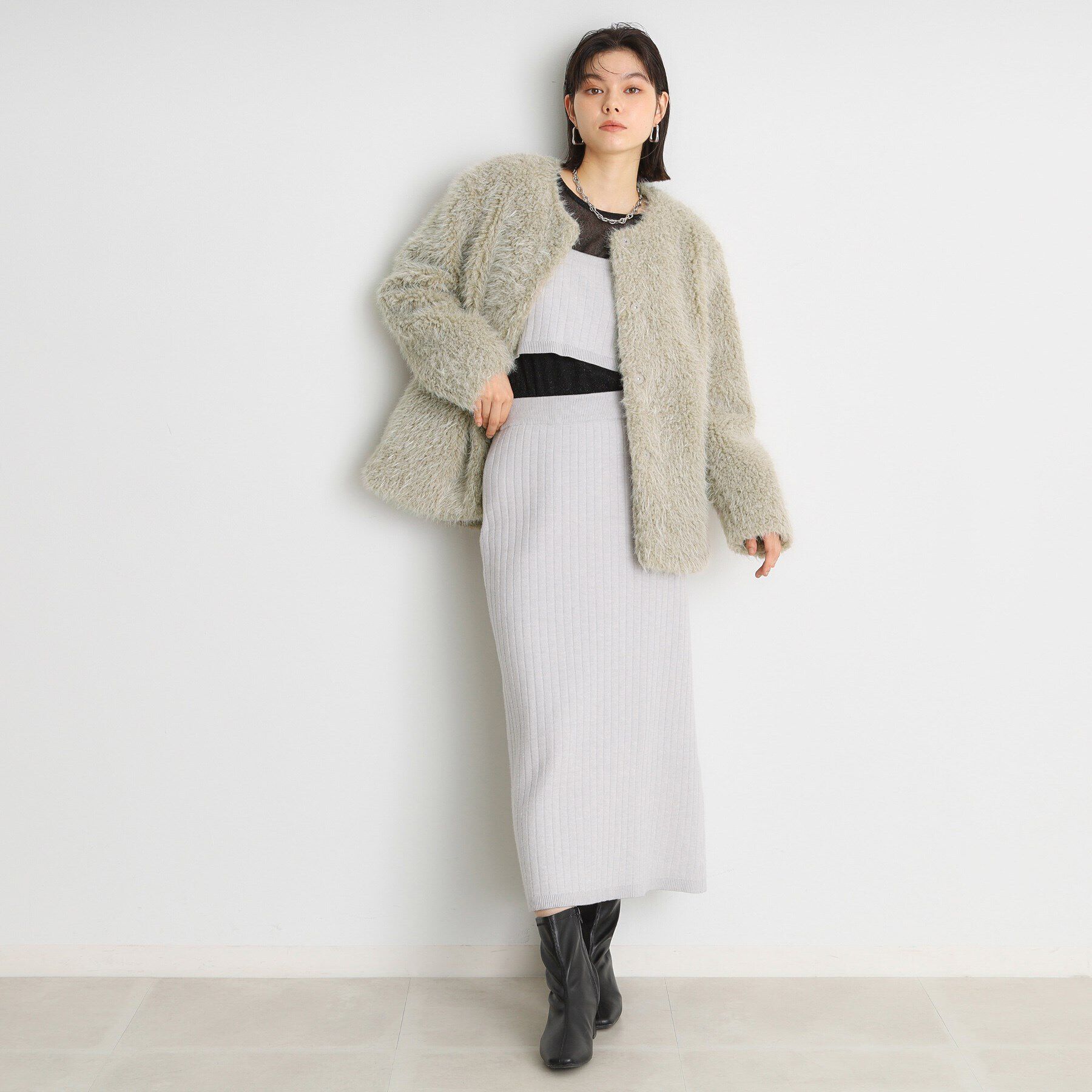 THE SHOP TK「ボアファーノーカラージャケット」|ノーカラーコート|