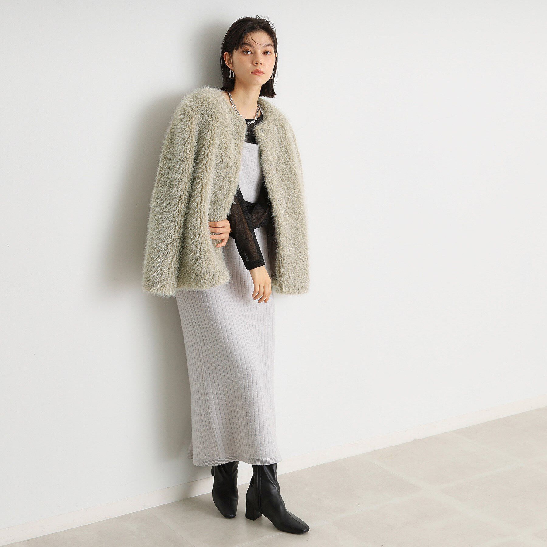 THE SHOP TK「ボアファーノーカラージャケット」|ノーカラーコート|