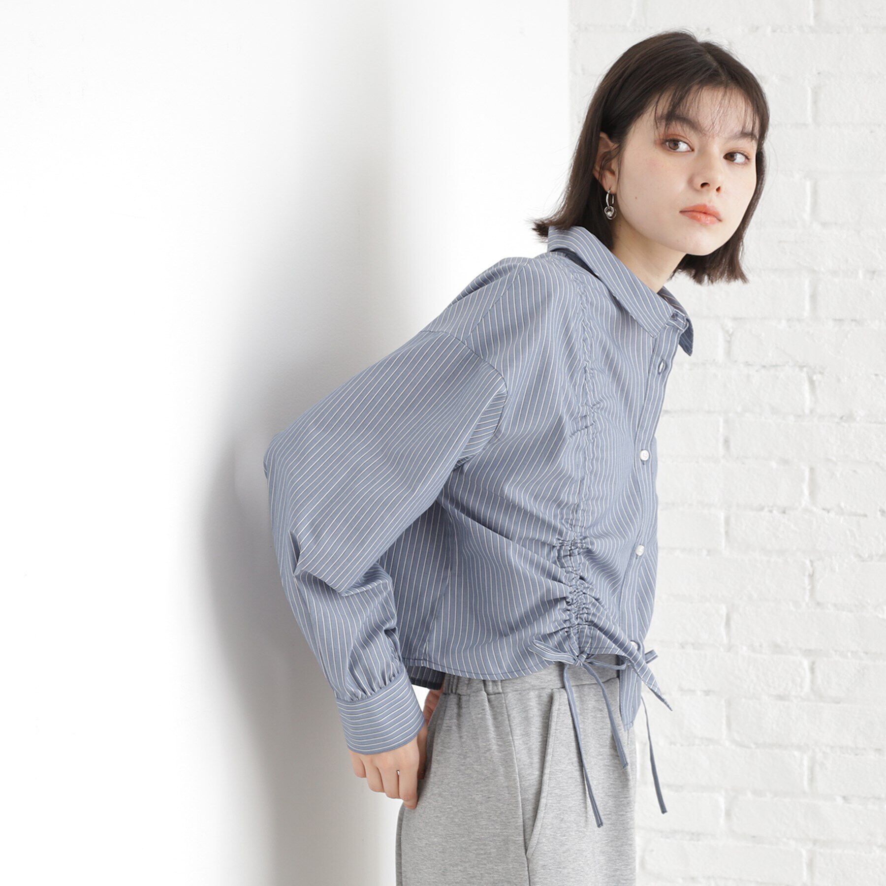 THE SHOP TK「リボンギャザーシャツ【洗濯機OK】」|シャツ・ブラウス|ブルー(391)