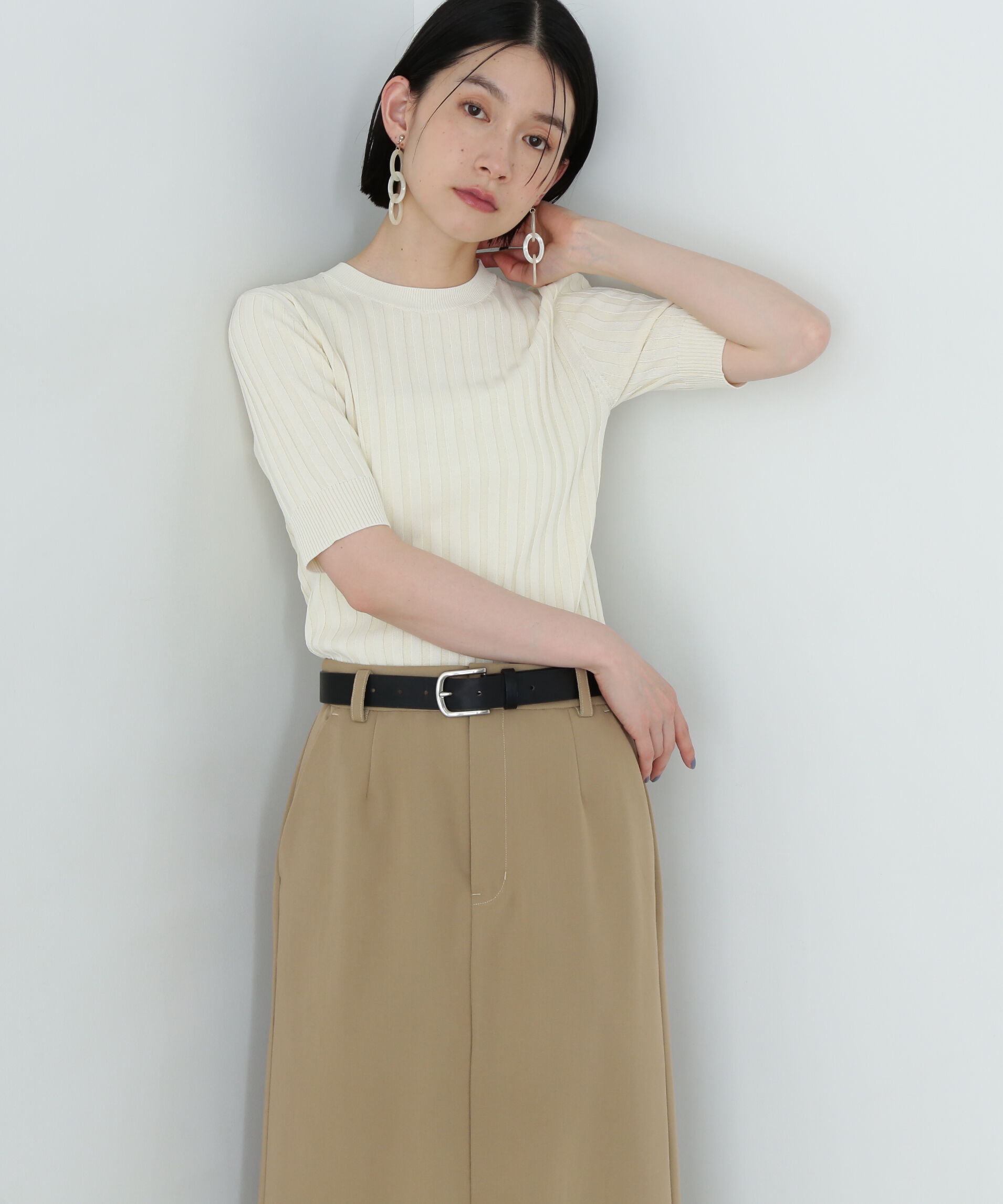  「半袖微配色リブニット」|ニット・セーター|