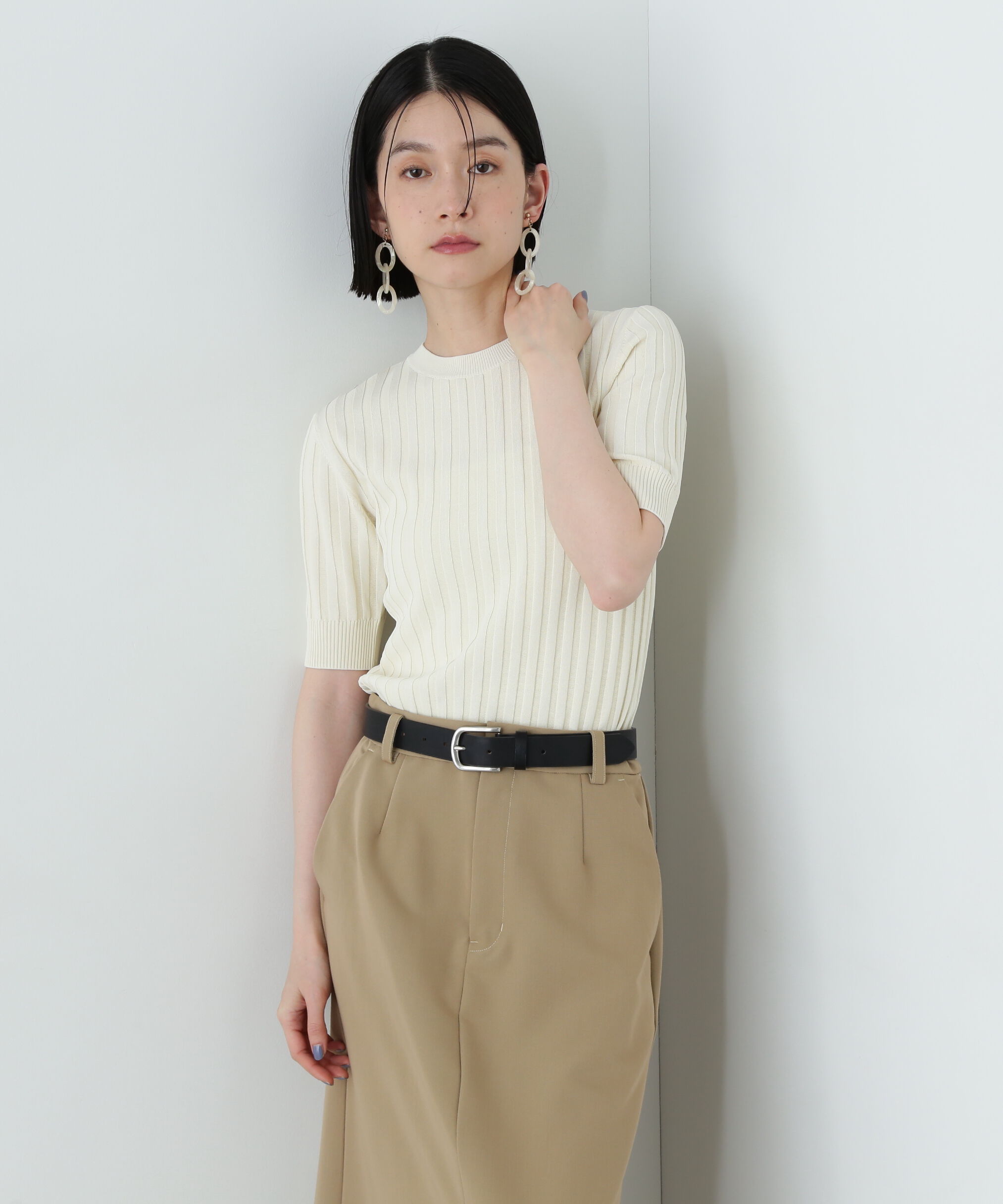  「半袖微配色リブニット」|ニット・セーター|