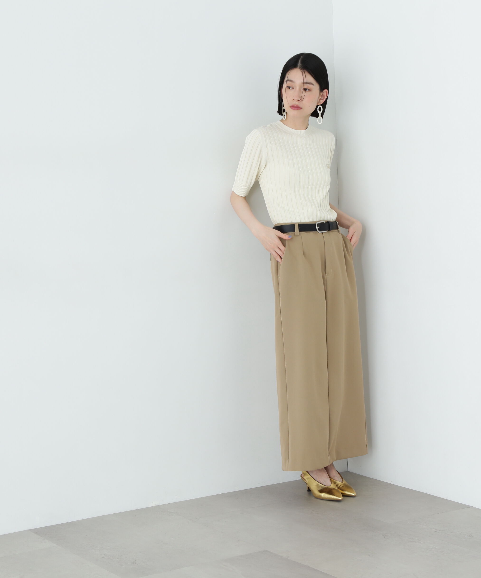  「半袖微配色リブニット」|ニット・セーター|