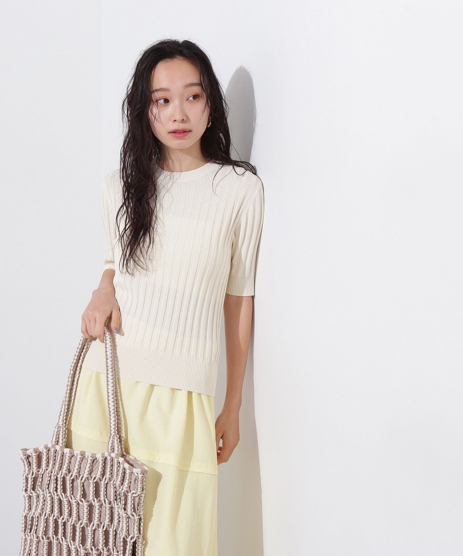  「半袖微配色リブニット」|ニット・セーター|