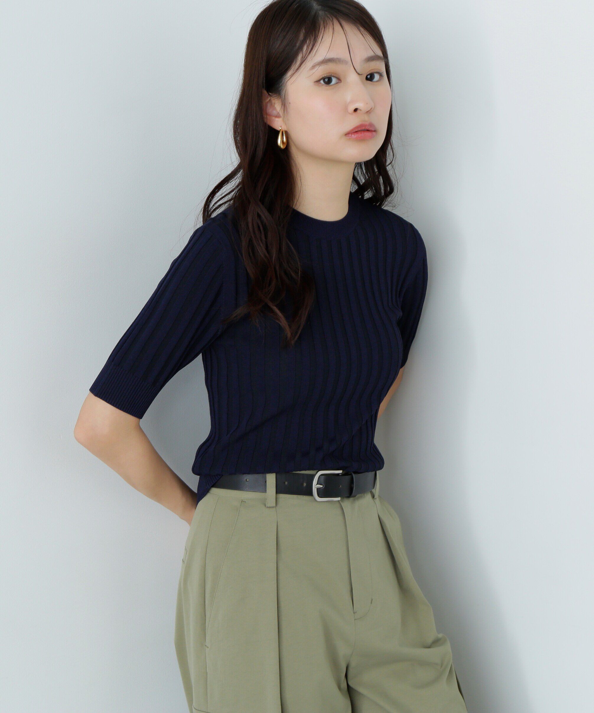  「半袖微配色リブニット」|ニット・セーター|ネイビー