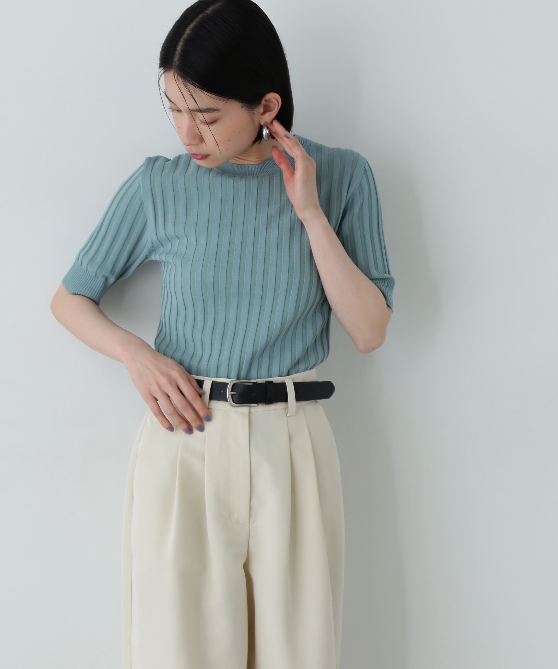  「半袖微配色リブニット」|ニット・セーター|