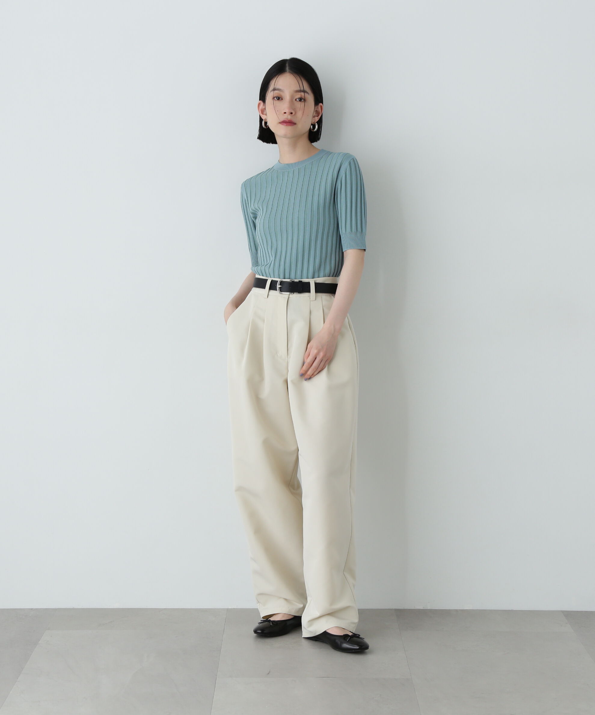  「半袖微配色リブニット」|ニット・セーター|