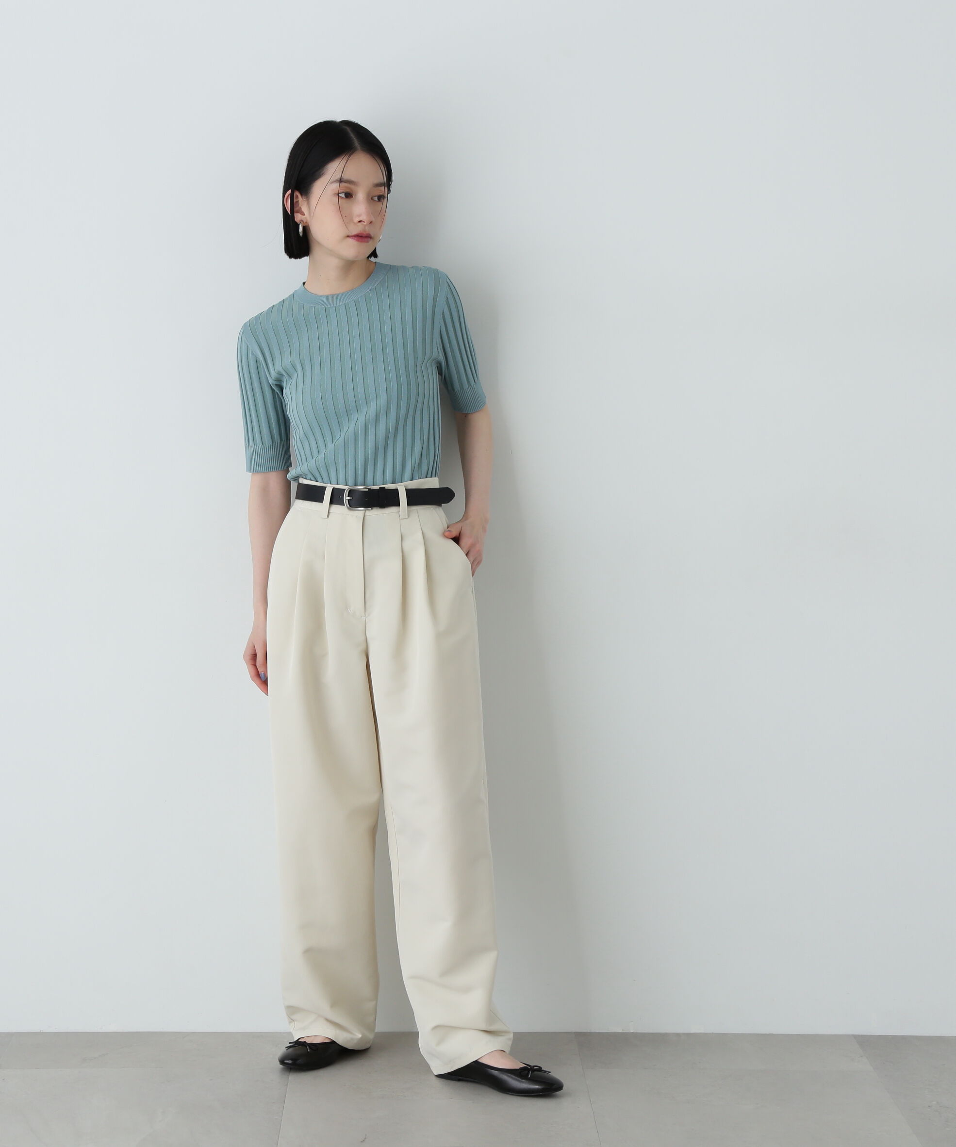  「半袖微配色リブニット」|ニット・セーター|