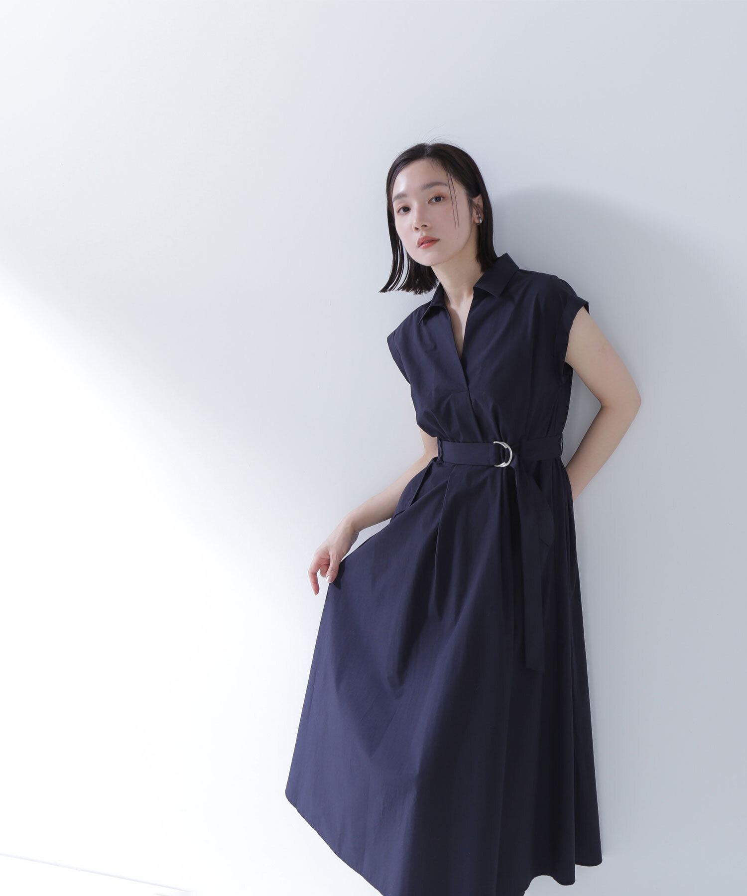  「ベルテッドポケットシャツワンピース」|ワンピース|ネイビー