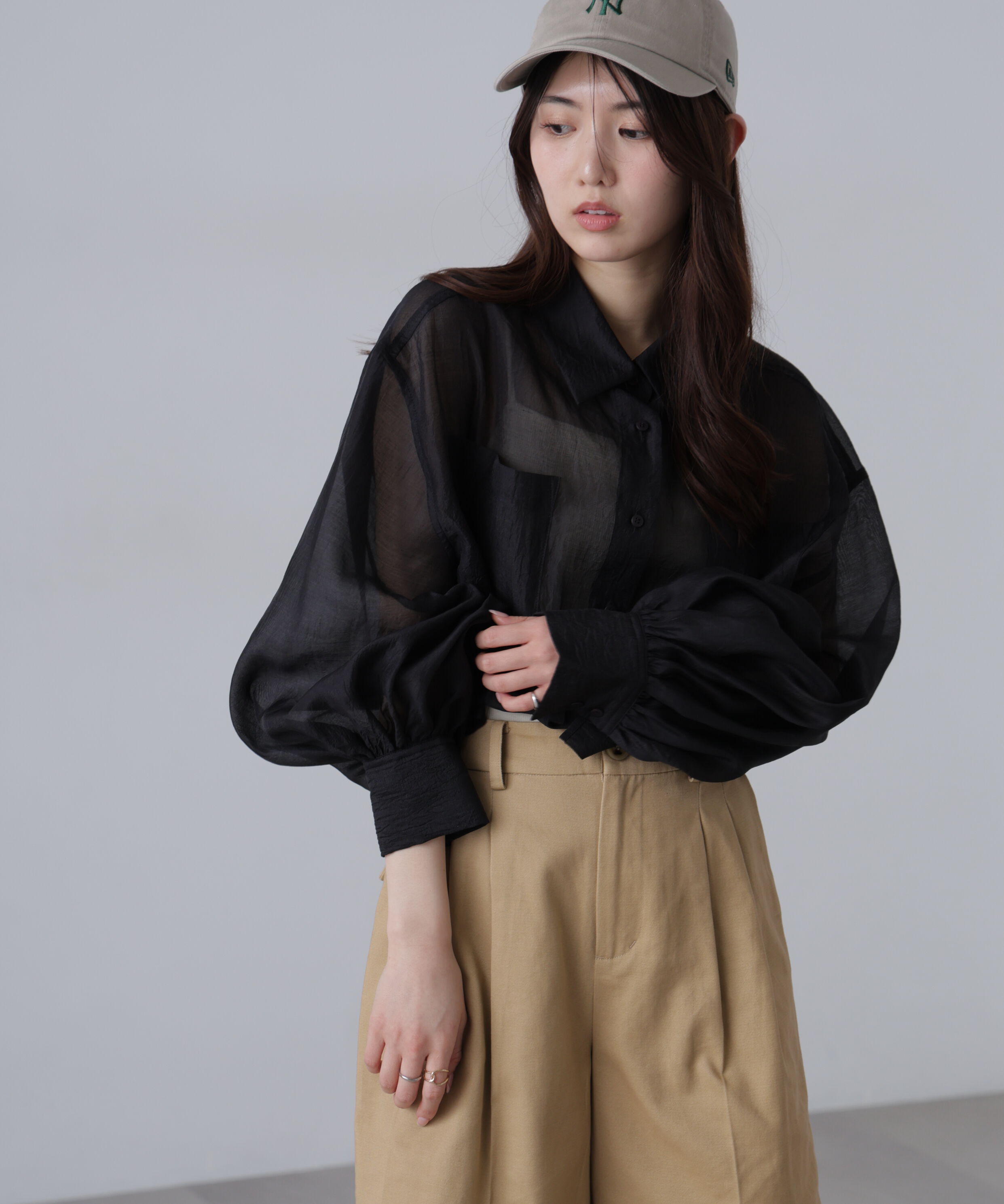  「シアーオーガンジーショート丈シャツ」|シャツ・ブラウス|ブラック