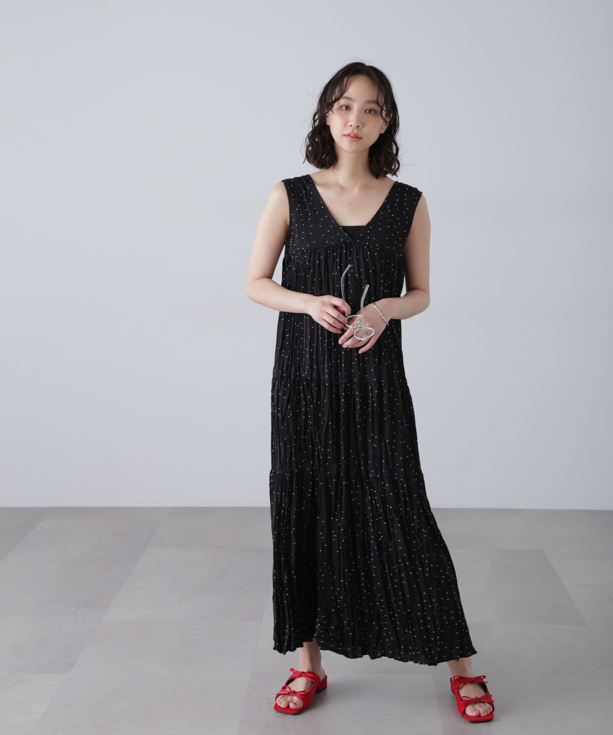  「ワッシャーティアードノースリーブワンピース」|ワンピース|