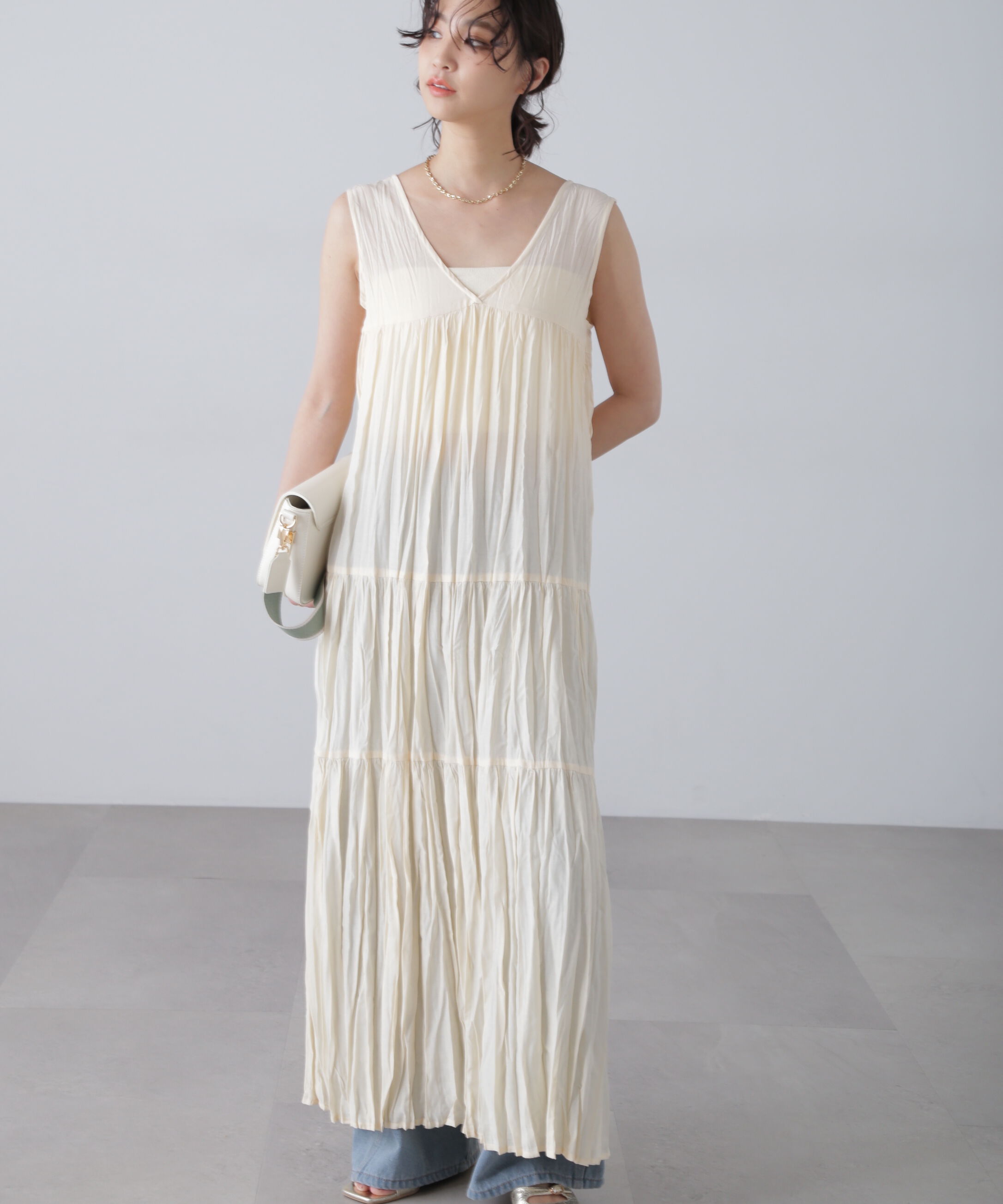  「ワッシャーティアードノースリーブワンピース」|ワンピース|