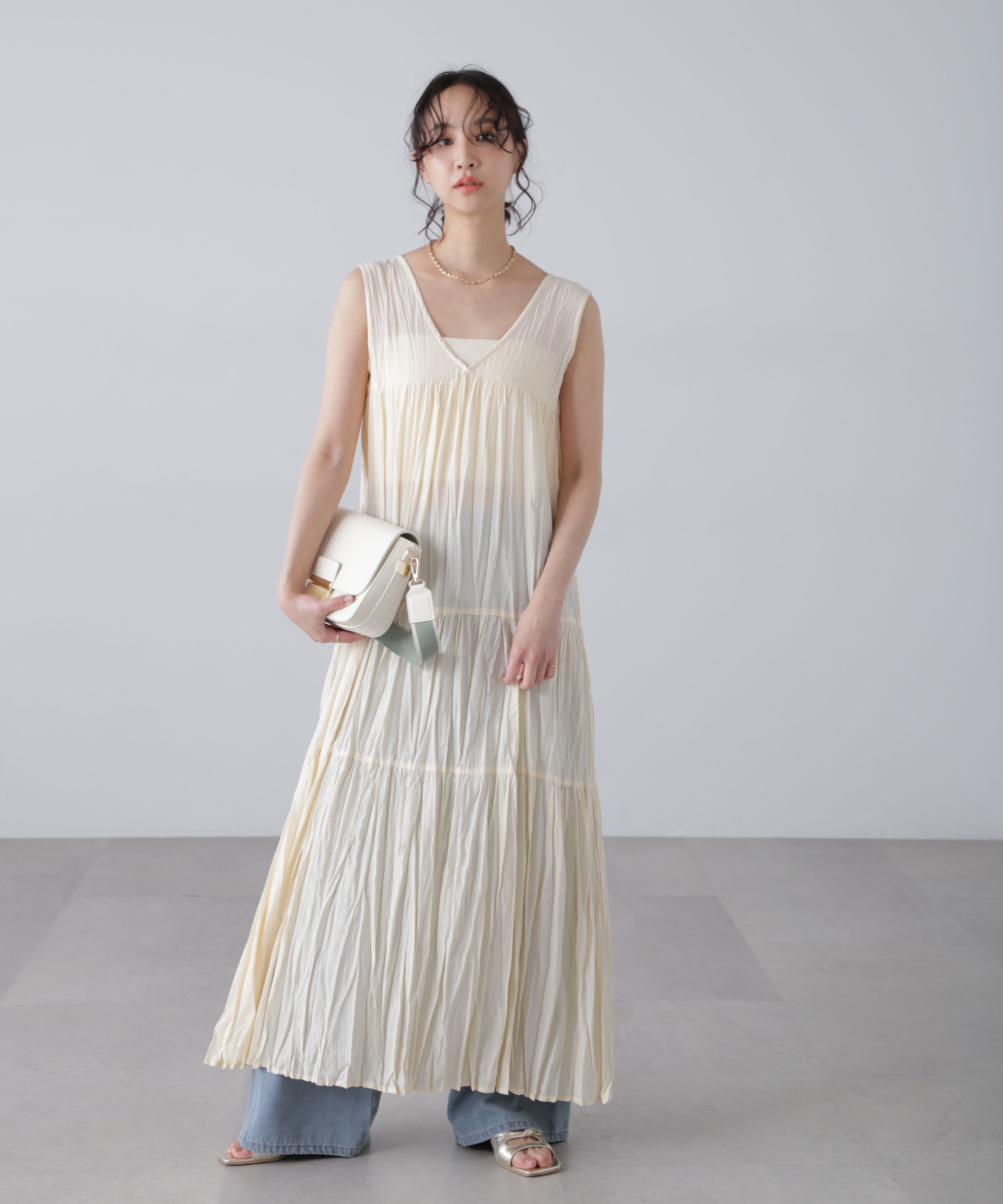  「ワッシャーティアードノースリーブワンピース」|ワンピース|