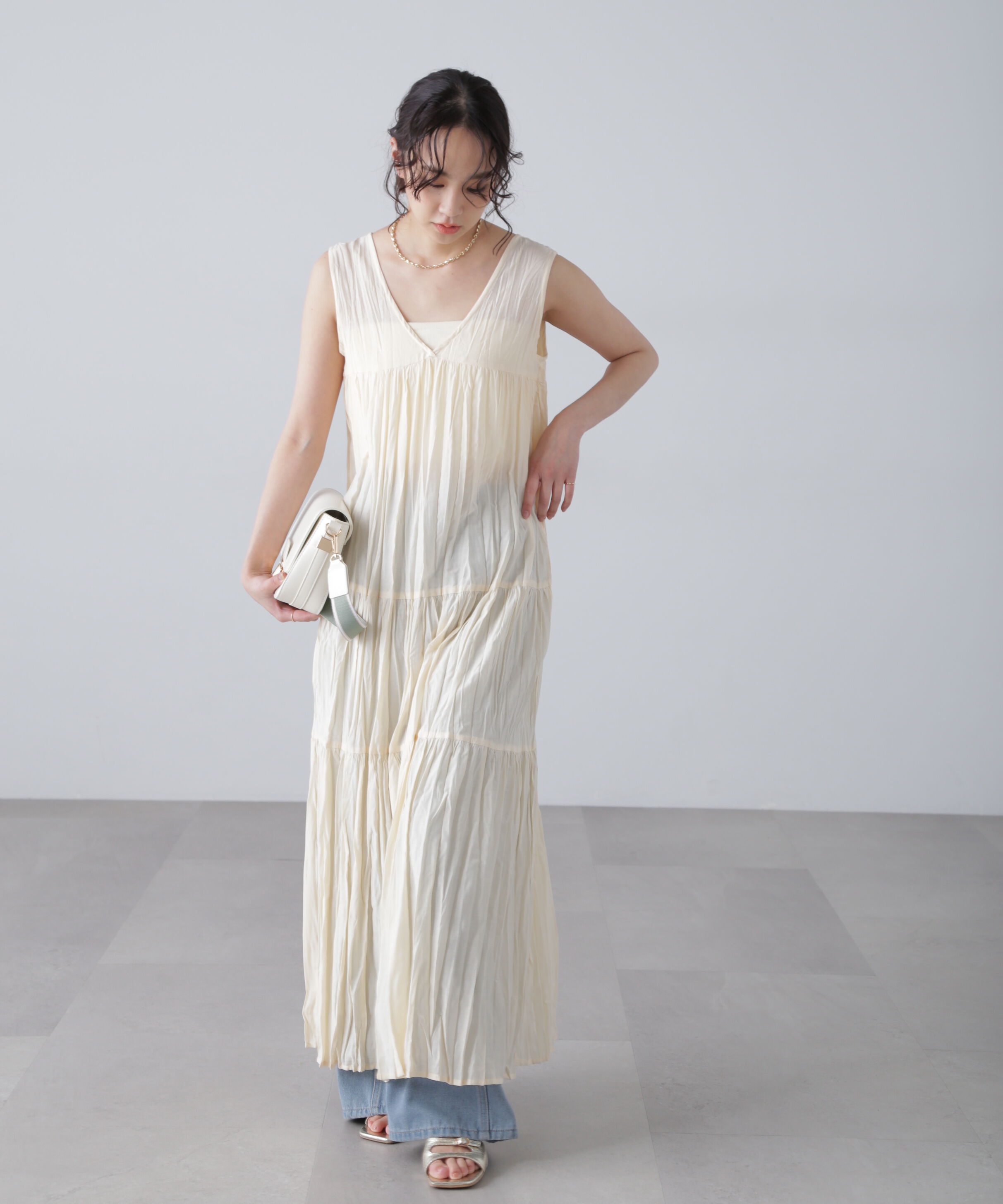  「ワッシャーティアードノースリーブワンピース」|ワンピース|