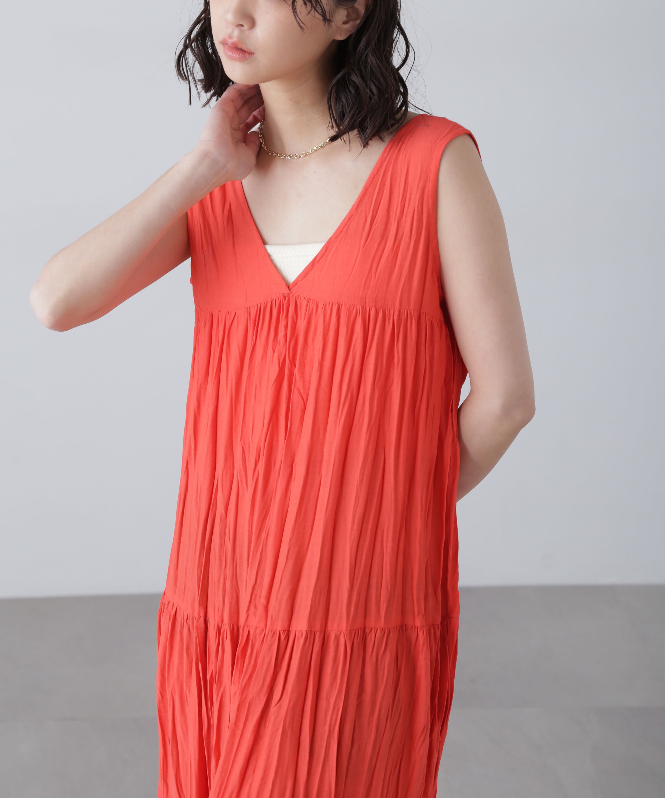  「ワッシャーティアードノースリーブワンピース」|ワンピース|