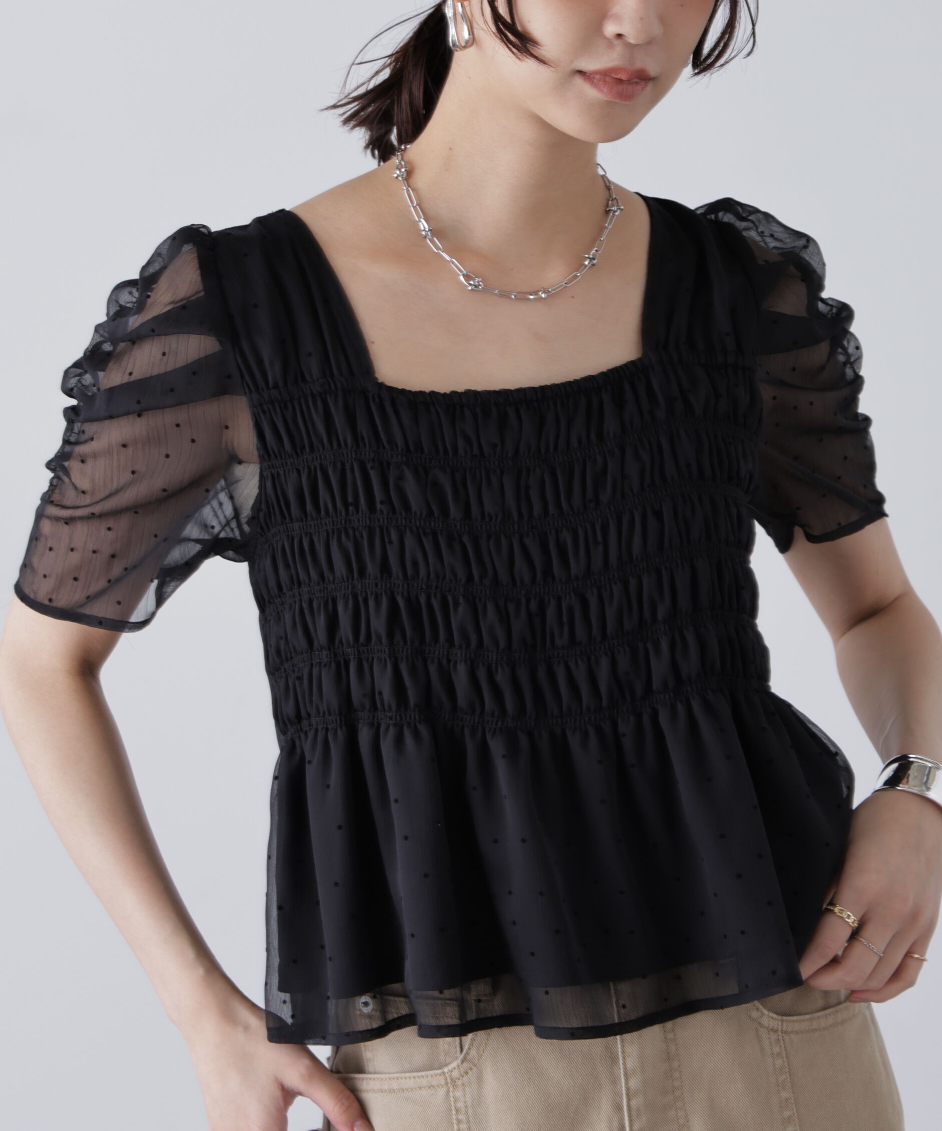  「フロッキードットシャーリングペプラムブラウス」|シャツ・ブラウス|