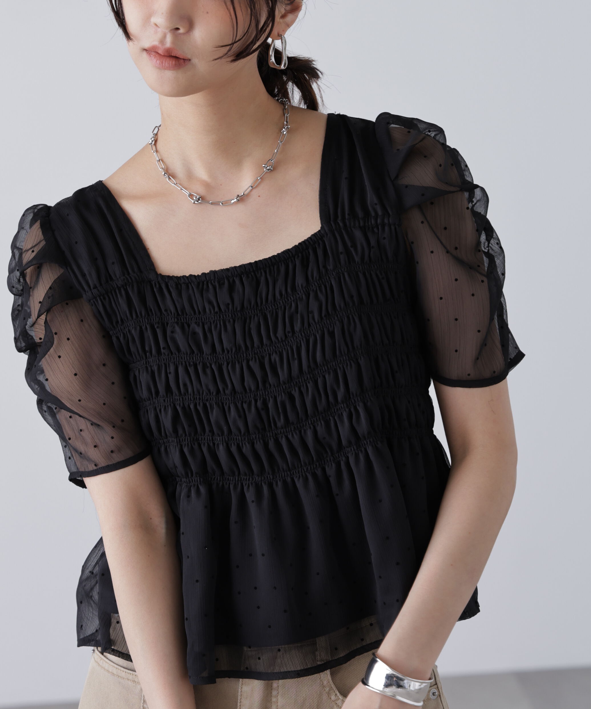  「フロッキードットシャーリングペプラムブラウス」|シャツ・ブラウス|