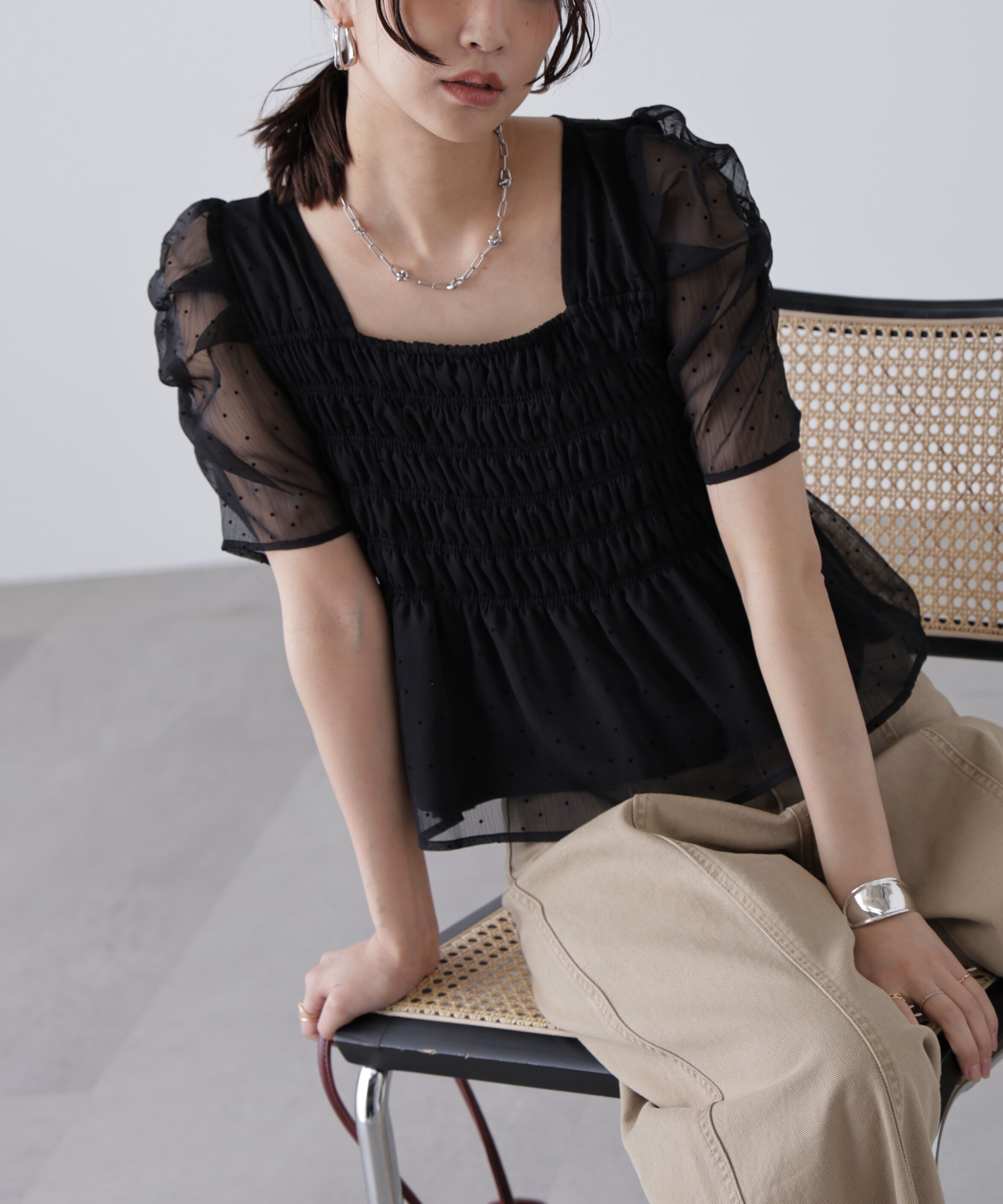  「フロッキードットシャーリングペプラムブラウス」|シャツ・ブラウス|
