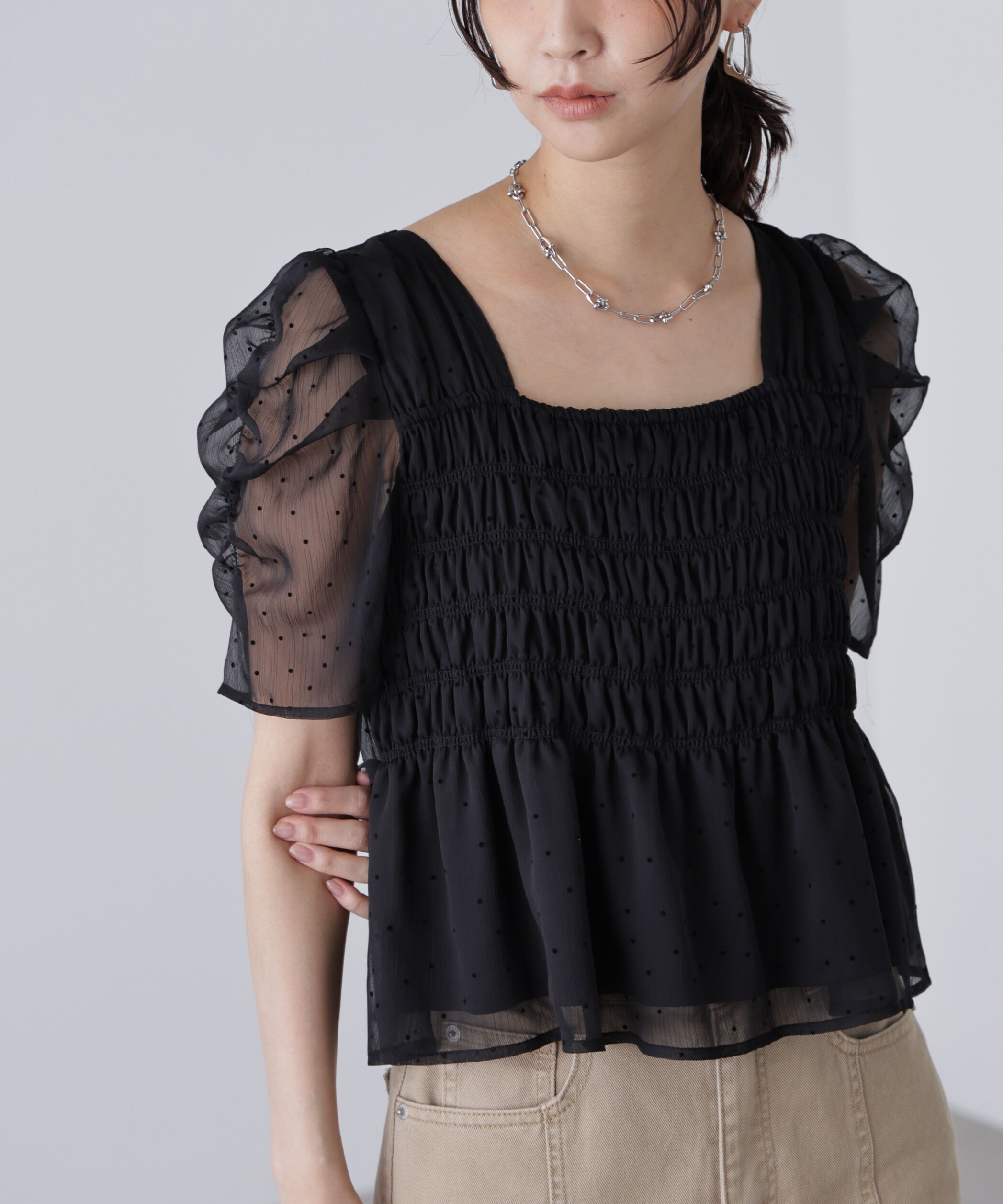  「フロッキードットシャーリングペプラムブラウス」|シャツ・ブラウス|