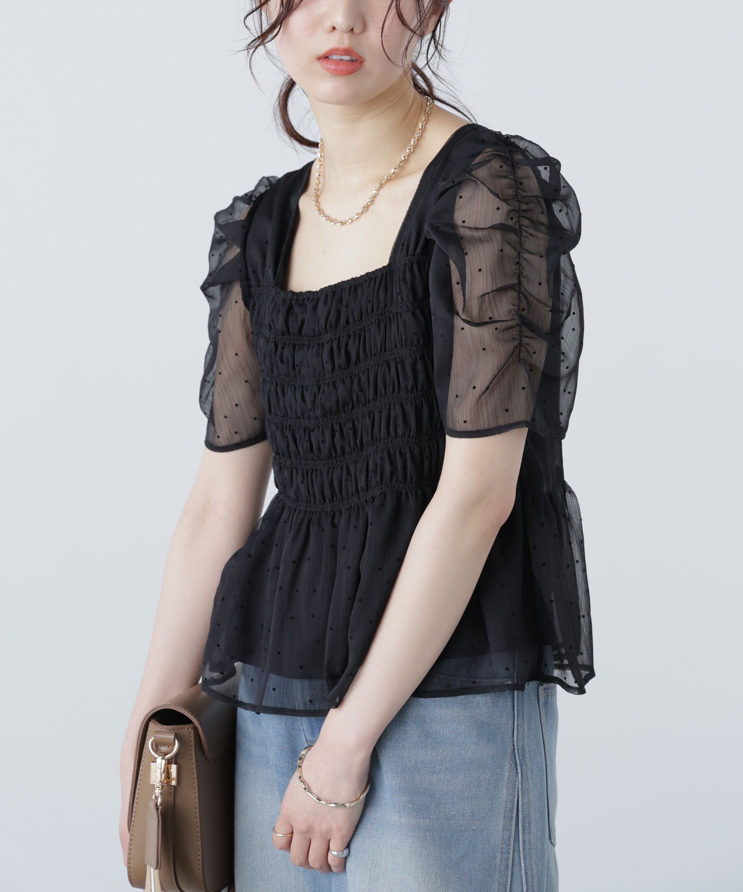  「フロッキードットシャーリングペプラムブラウス」|シャツ・ブラウス|