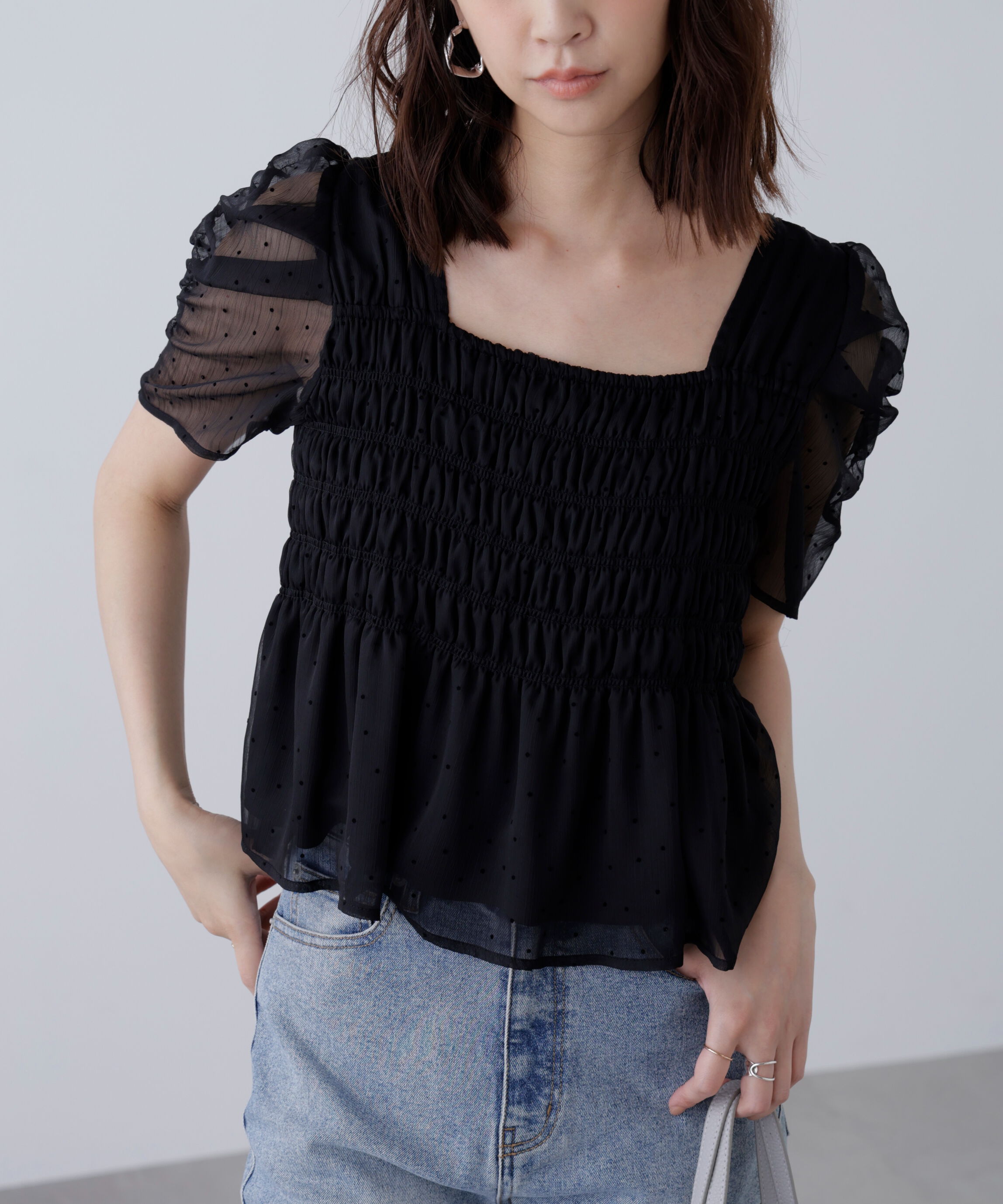  「フロッキードットシャーリングペプラムブラウス」|シャツ・ブラウス|