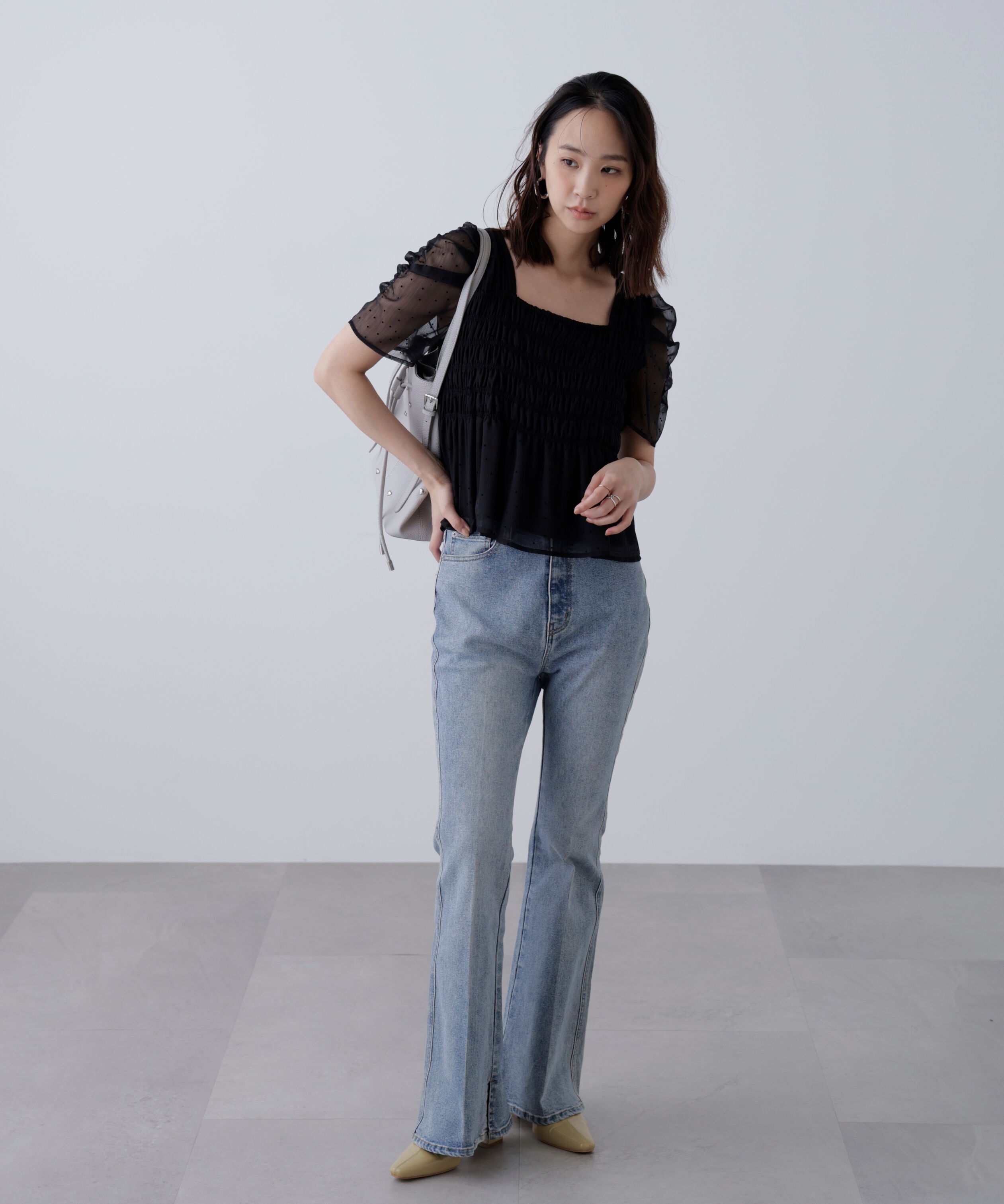  「フロッキードットシャーリングペプラムブラウス」|シャツ・ブラウス|