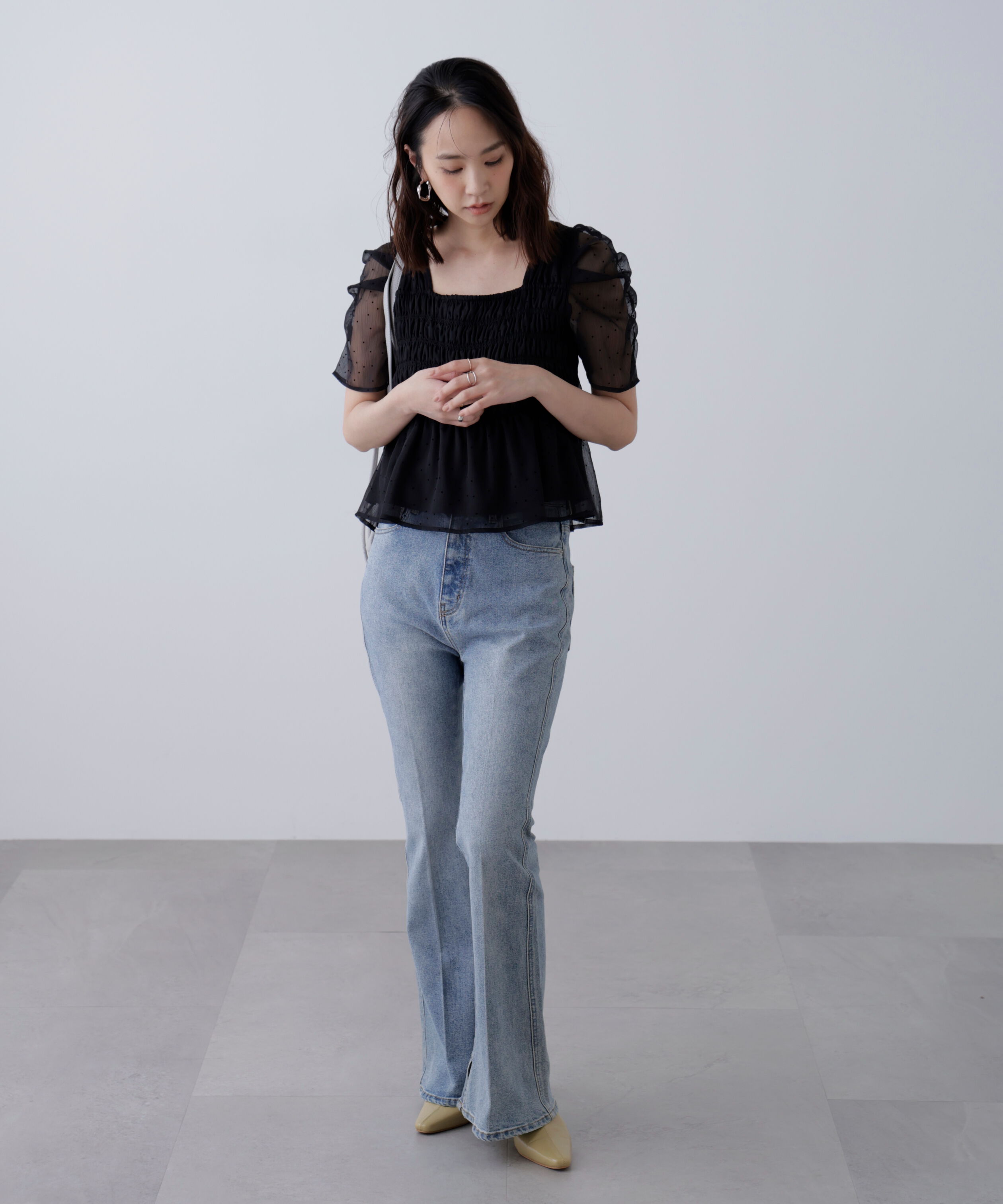  「フロッキードットシャーリングペプラムブラウス」|シャツ・ブラウス|