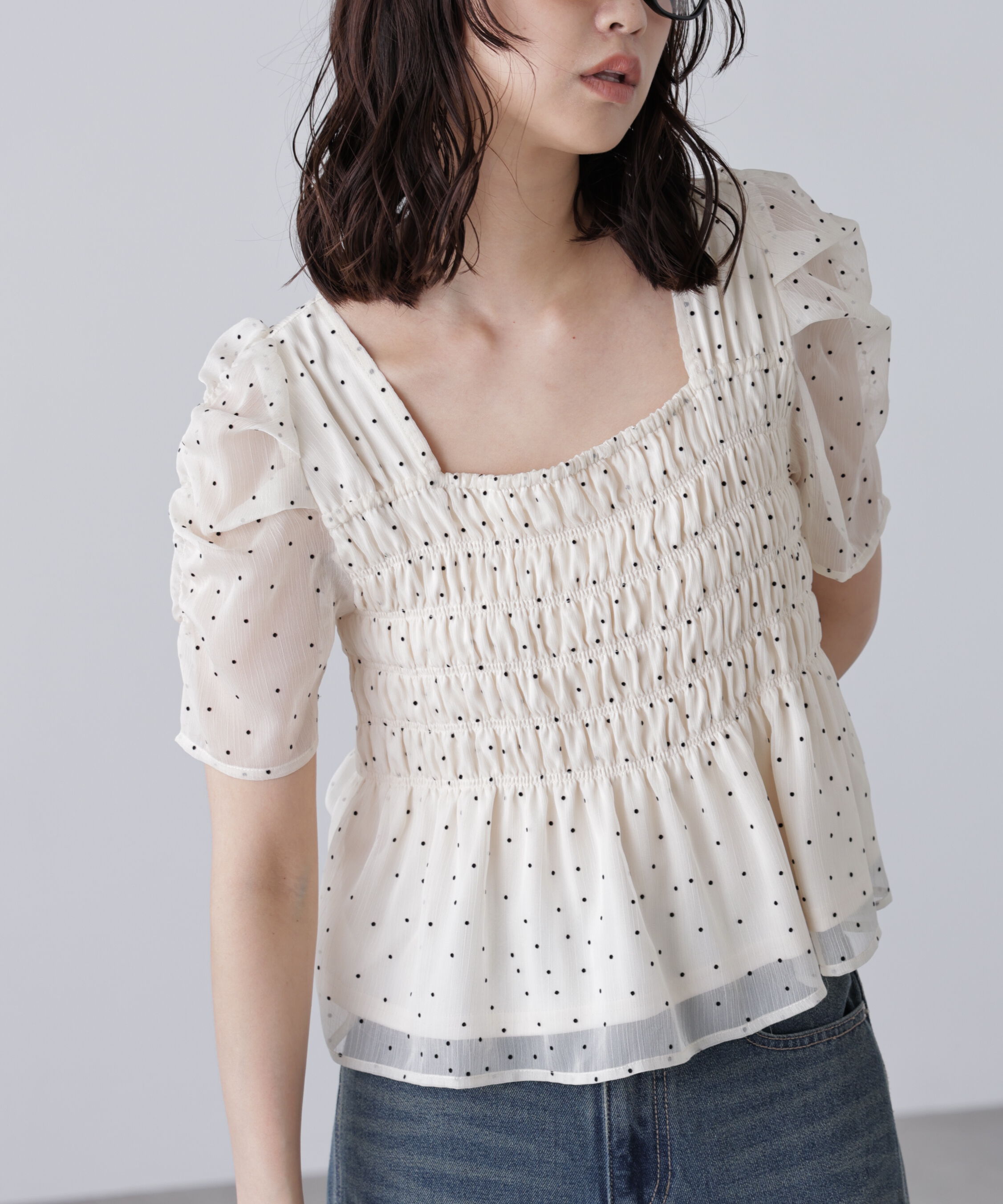  「フロッキードットシャーリングペプラムブラウス」|シャツ・ブラウス|