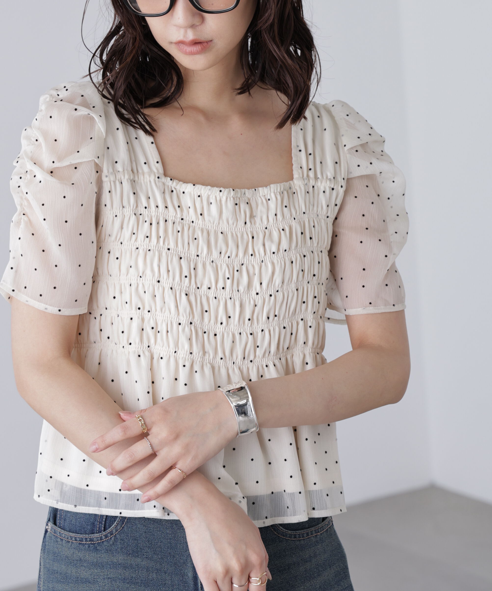  「フロッキードットシャーリングペプラムブラウス」|シャツ・ブラウス|
