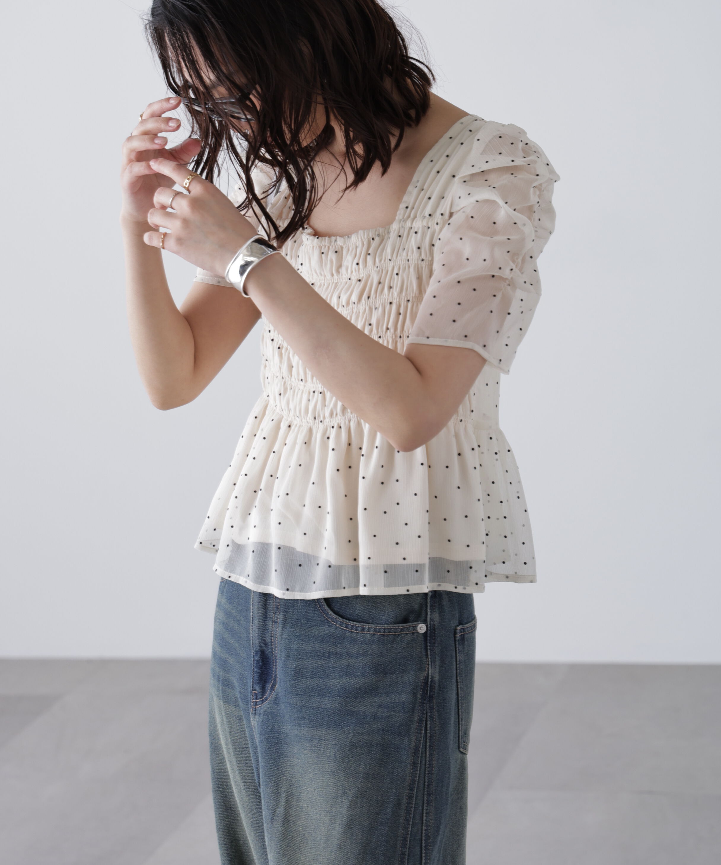  「フロッキードットシャーリングペプラムブラウス」|シャツ・ブラウス|