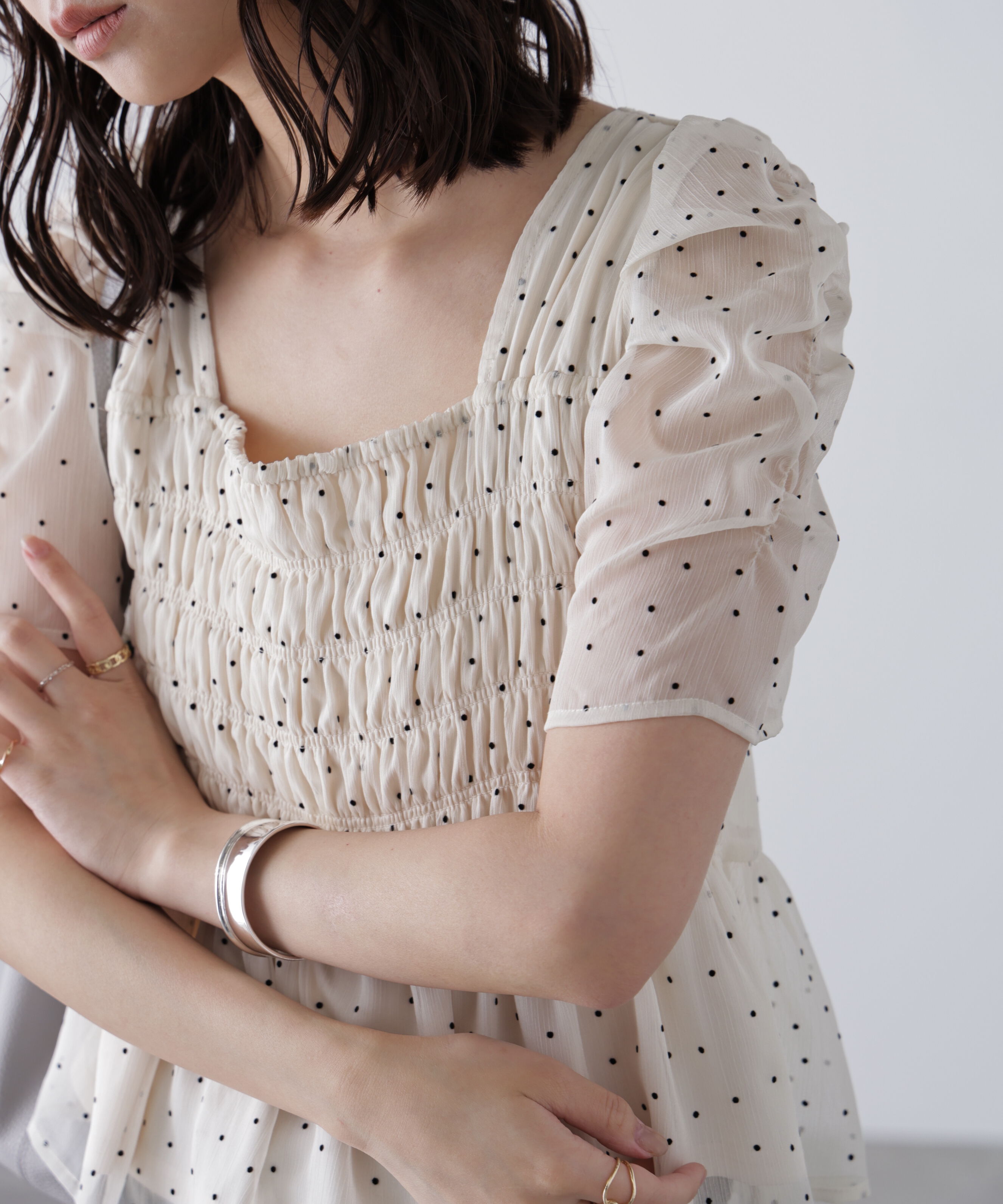  「フロッキードットシャーリングペプラムブラウス」|シャツ・ブラウス|