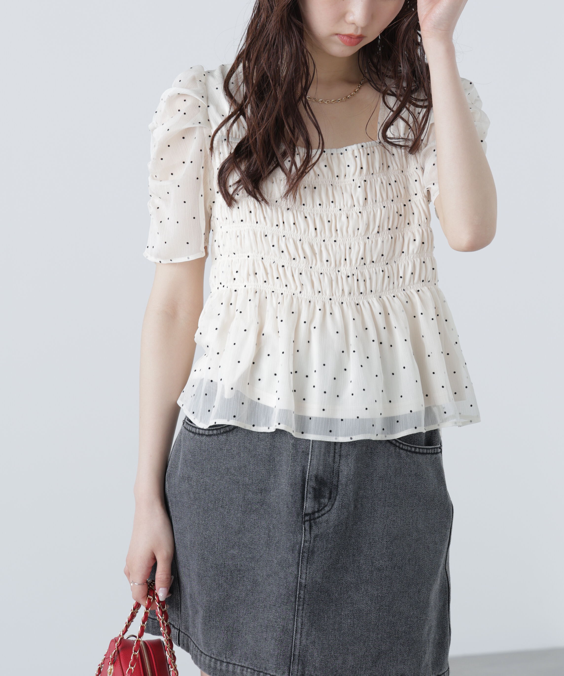  「フロッキードットシャーリングペプラムブラウス」|シャツ・ブラウス|