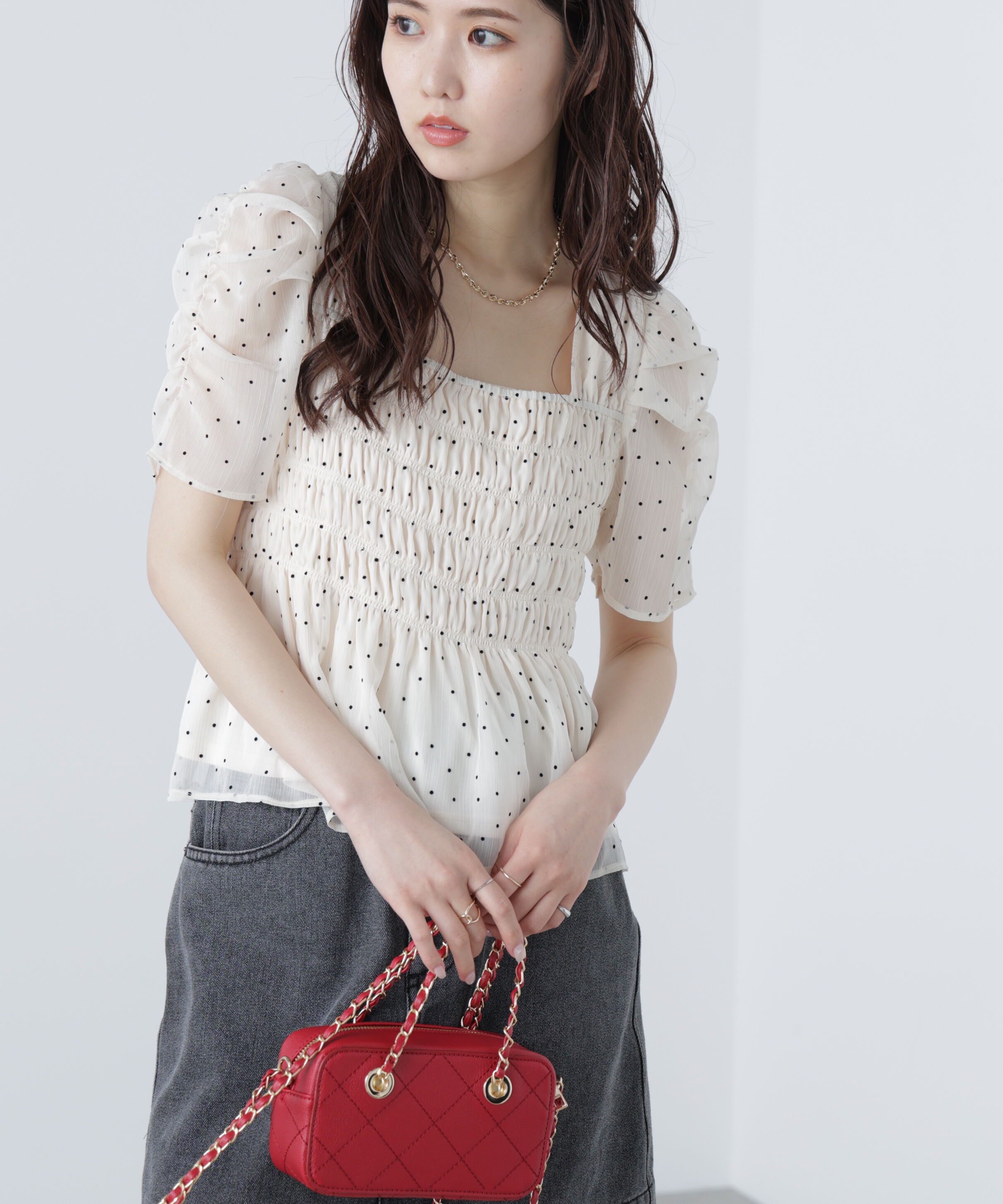  「フロッキードットシャーリングペプラムブラウス」|シャツ・ブラウス|