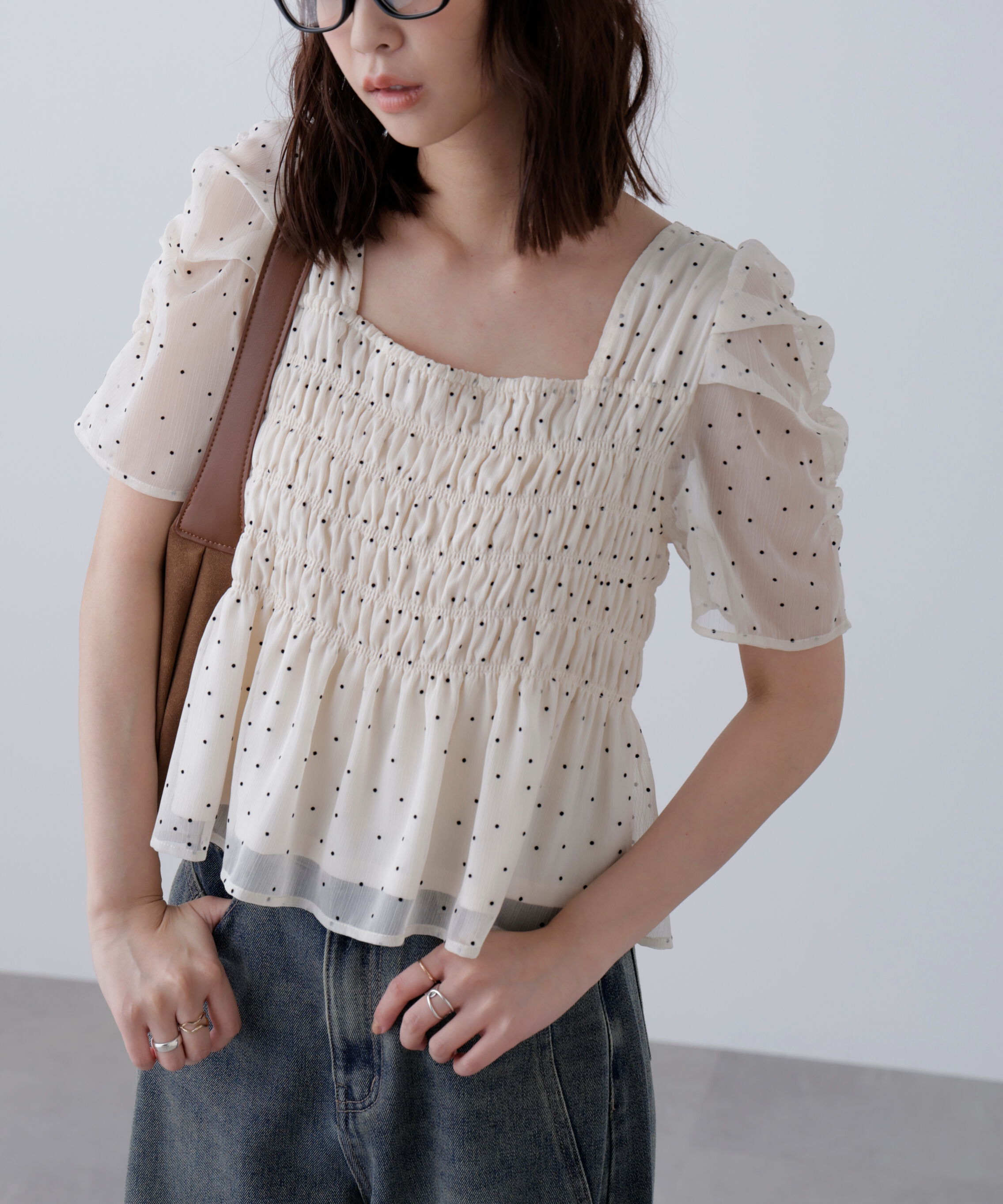  「フロッキードットシャーリングペプラムブラウス」|シャツ・ブラウス|