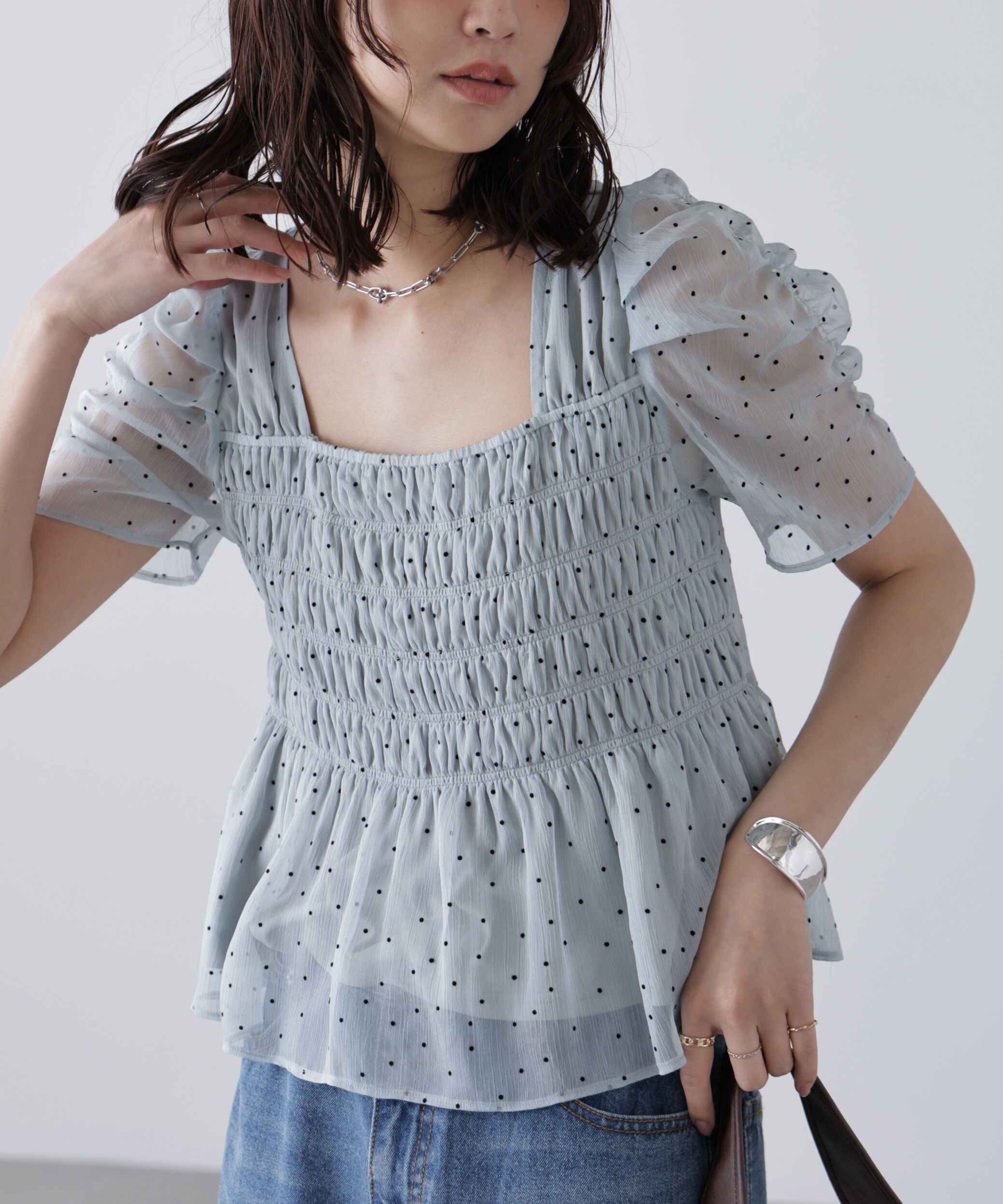  「フロッキードットシャーリングペプラムブラウス」|シャツ・ブラウス|